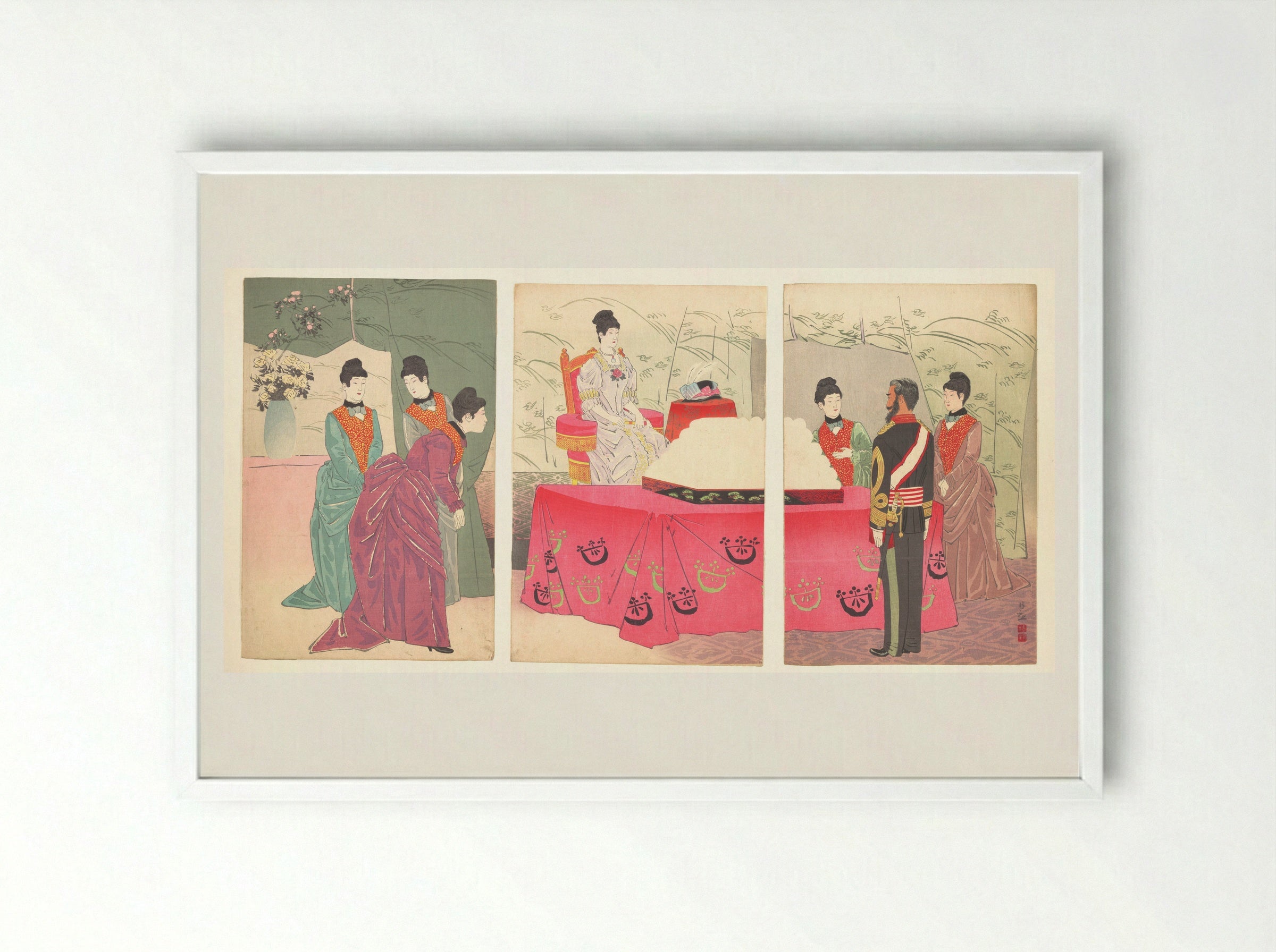 Illustration of the Empress Visiting the General Staff Headquarters - Kobayashi Kiyochika - Framed Print White