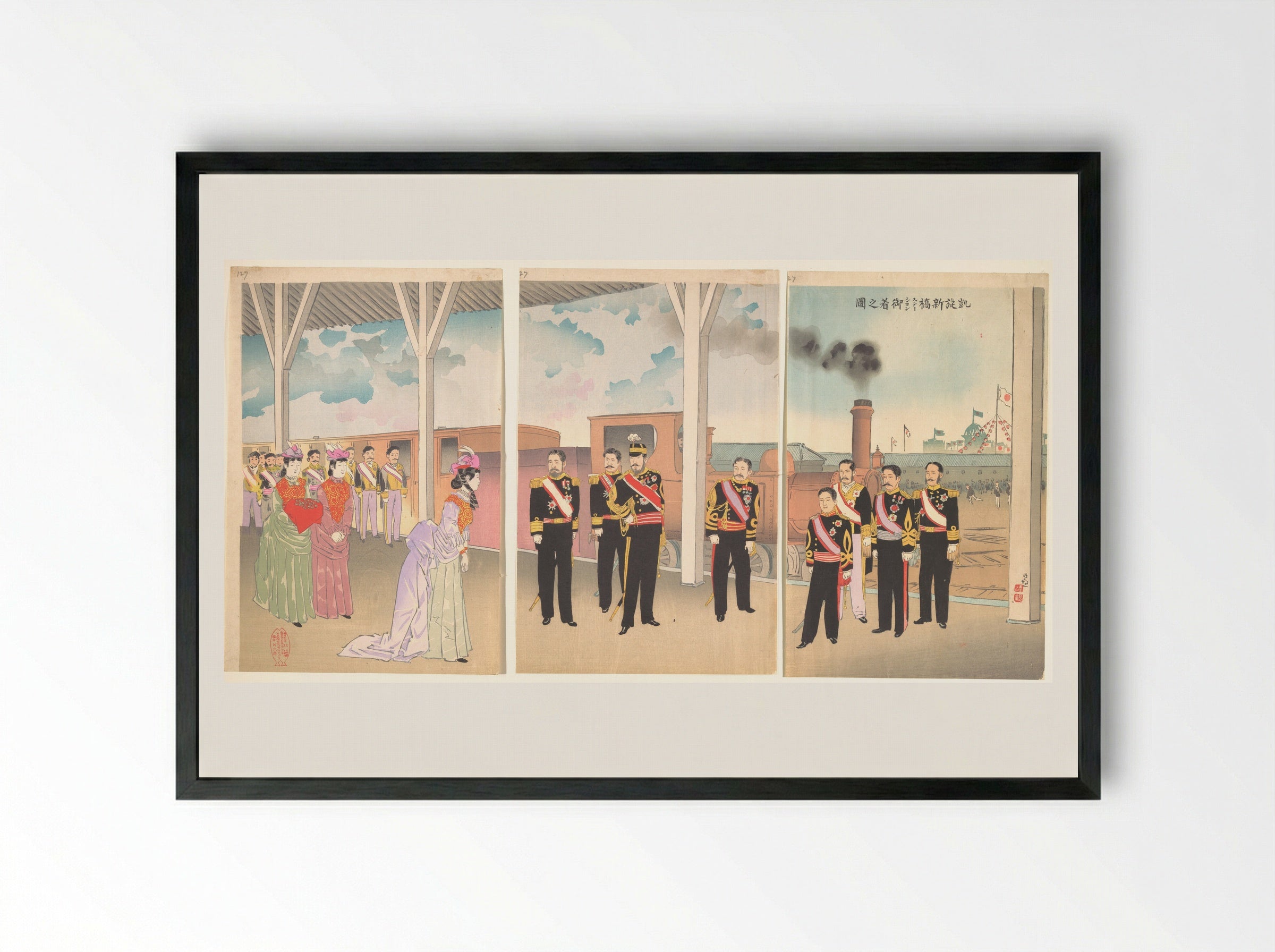 Triumphant Arrival of the Emperor at Shinbashi Station - Kobayashi Kiyochika - Framed Print Black