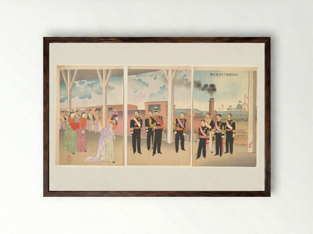 Triumphant Arrival of the Emperor at Shinbashi Station - Kobayashi Kiyochika - Framed Print Dark Wood