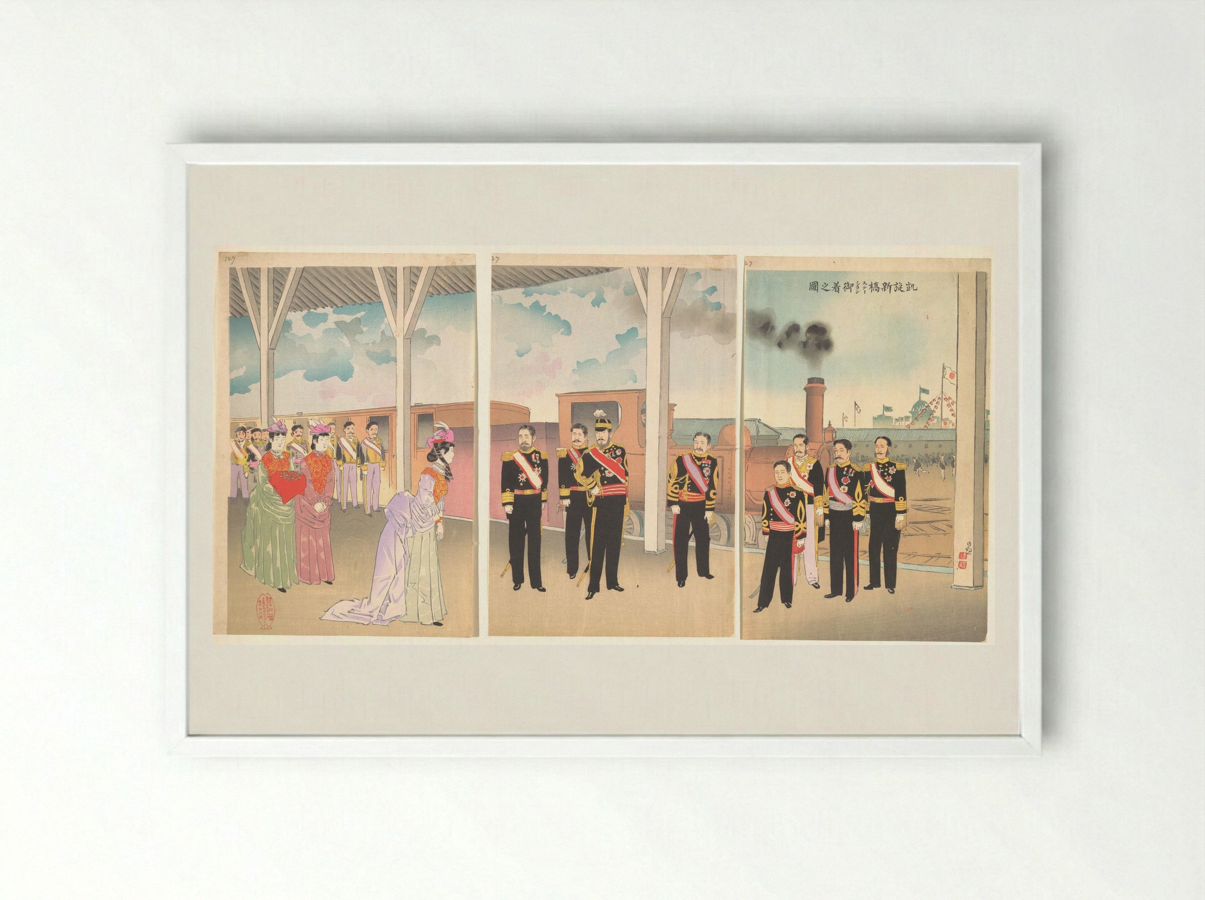 Triumphant Arrival of the Emperor at Shinbashi Station - Kobayashi Kiyochika - Framed Print White