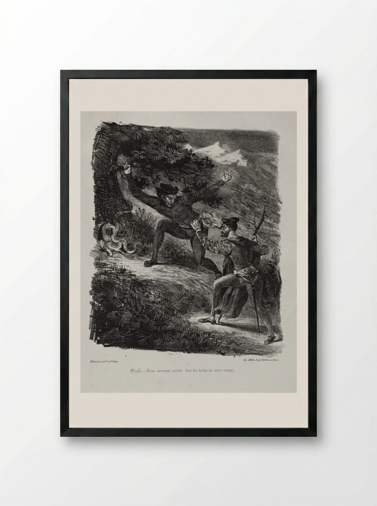 Illustrations for Faust: Faust and Méphistophélés in the mountains of the Hartz - Eugène Delacroix - Framed Print Black