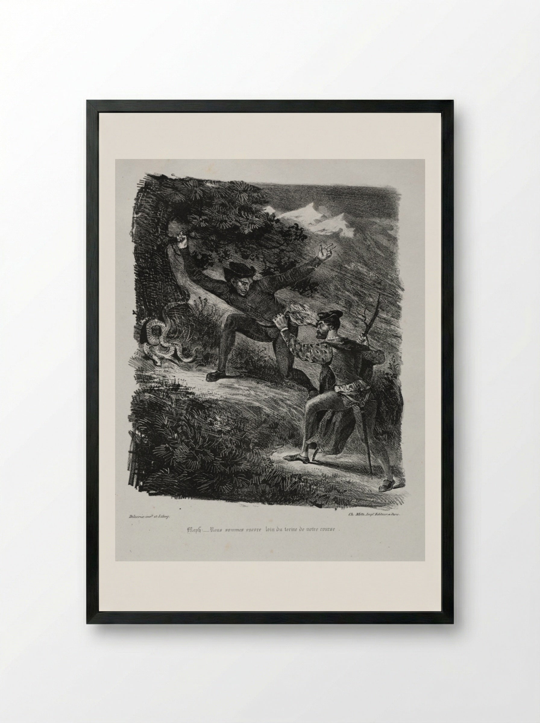 Illustrations for Faust: Faust and Méphistophélés in the mountains of the Hartz - Eugène Delacroix - Framed Print Black