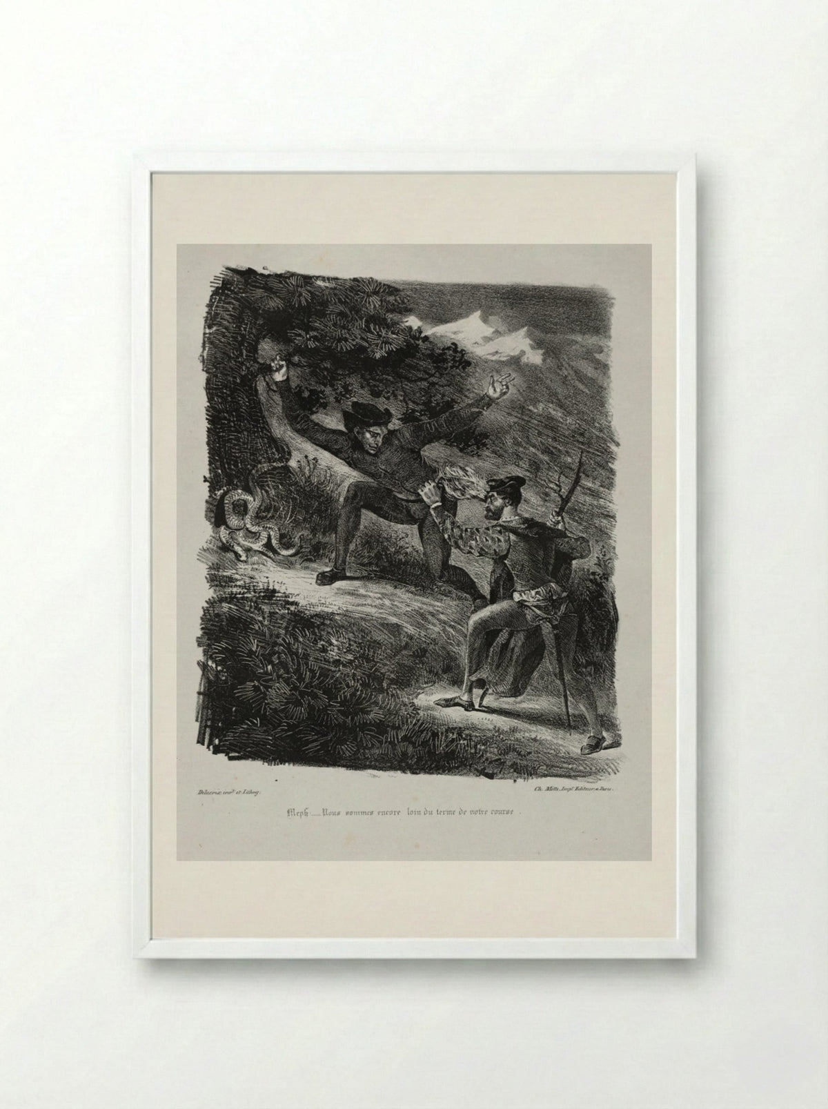 Illustrations for Faust: Faust and Méphistophélés in the mountains of the Hartz - Eugène Delacroix - Framed Print White
