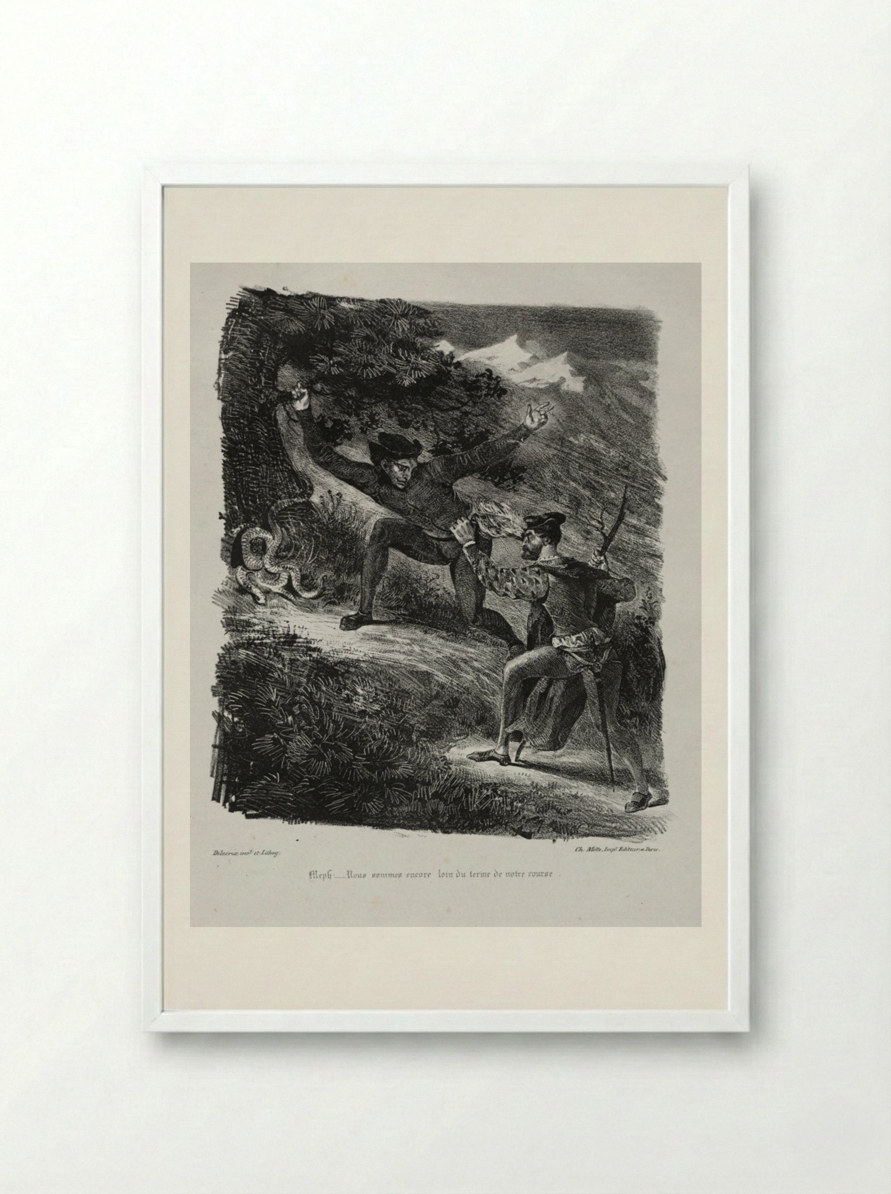 Illustrations for Faust: Faust and Méphistophélés in the mountains of the Hartz - Eugène Delacroix - Framed Print White
