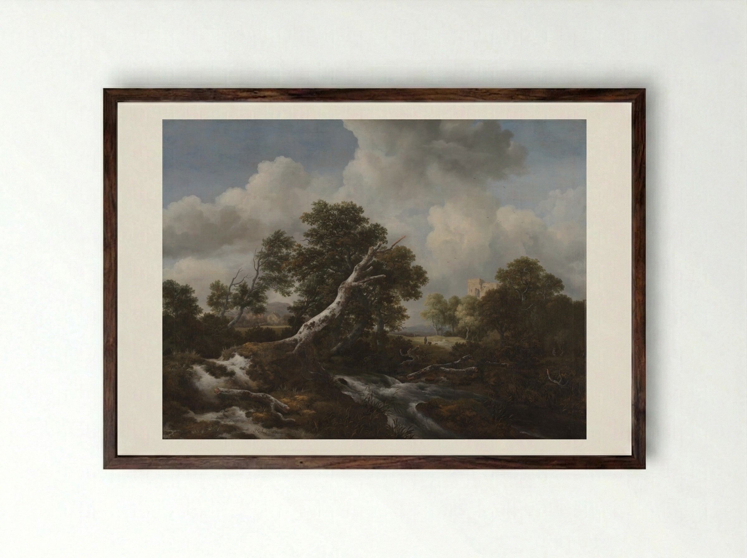 Low Waterfall in a Wooded Landscape with a Dead Beech Tree - Jacob van Ruisdael - Framed Print Dark Wood