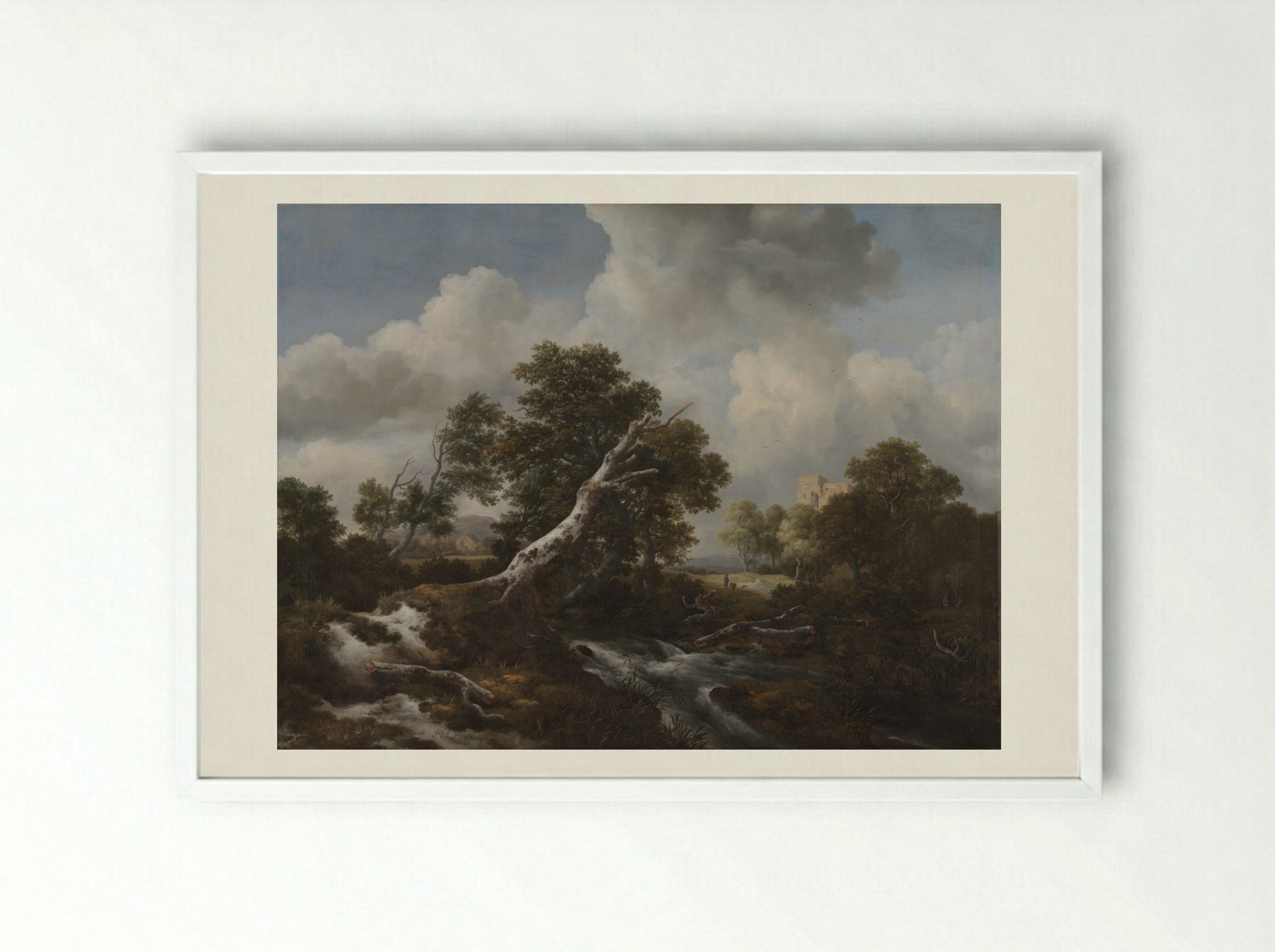 Low Waterfall in a Wooded Landscape with a Dead Beech Tree - Jacob van Ruisdael - Framed Print White