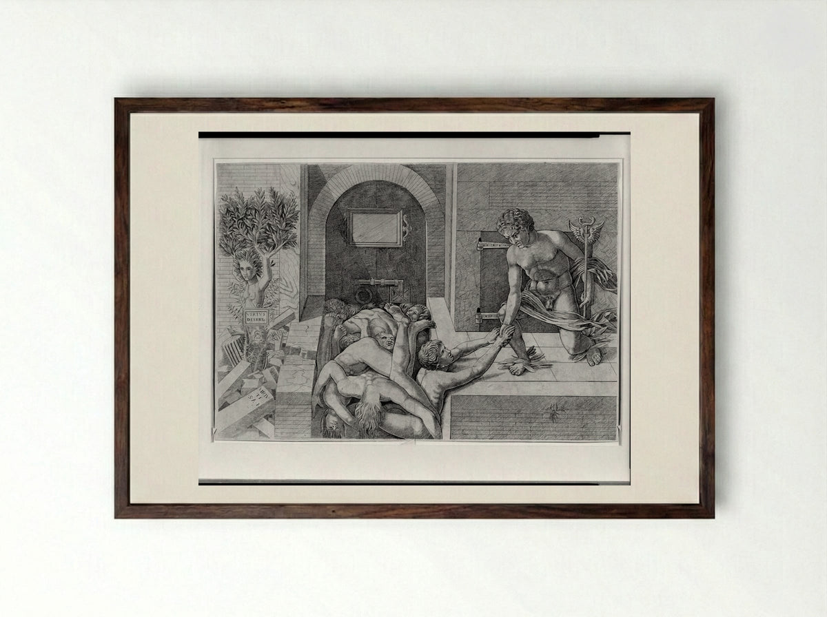 Ignorance and Mercury: An Allegory of Virtue and Vice (Lower Half) - Andrea Mantegna - Framed Print Dark Wood