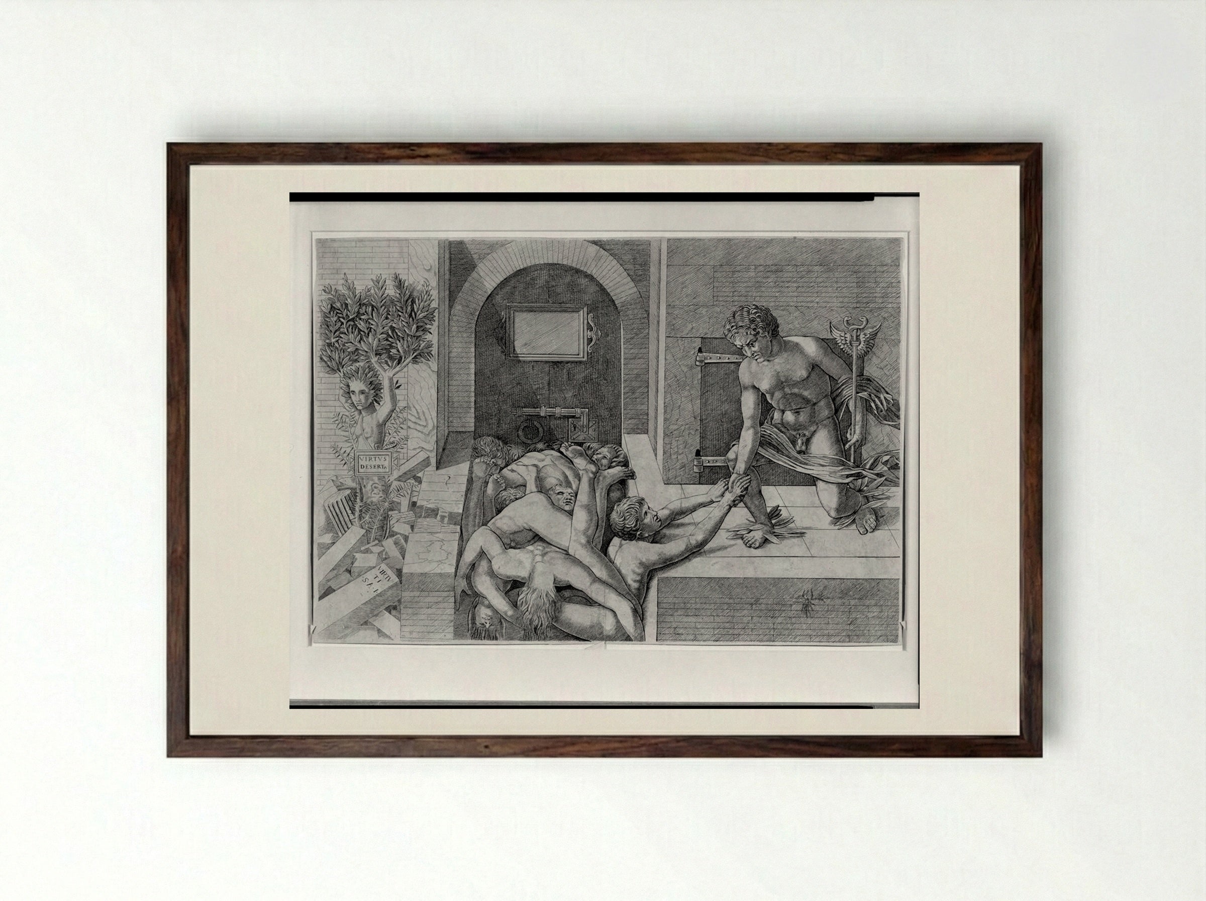 Ignorance and Mercury: An Allegory of Virtue and Vice (Lower Half) - Andrea Mantegna - Framed Print Dark Wood