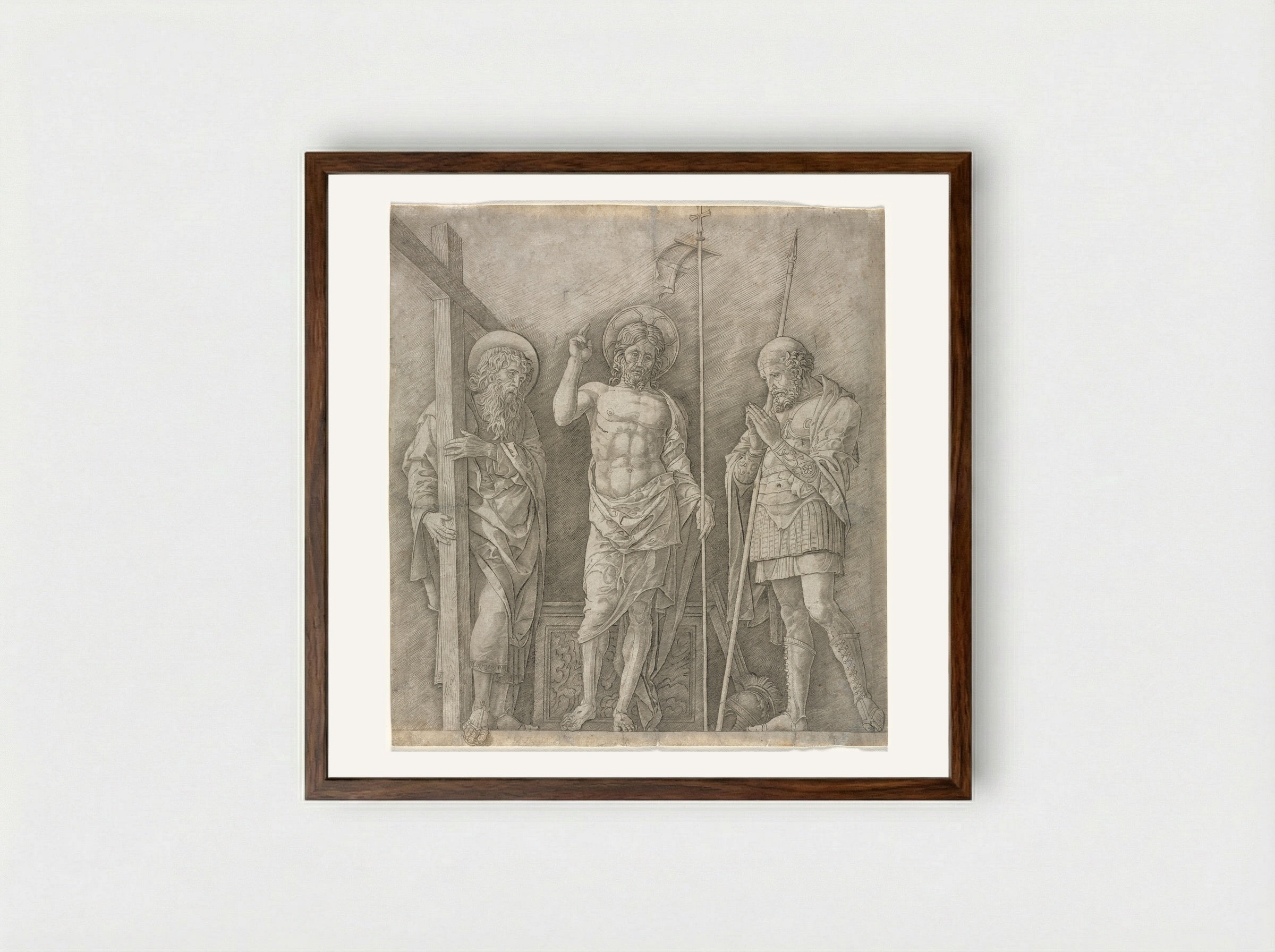 Risen Christ between Saint Andrew and Saint Longinus - Andrea Mantegna - Framed Print Dark Wood