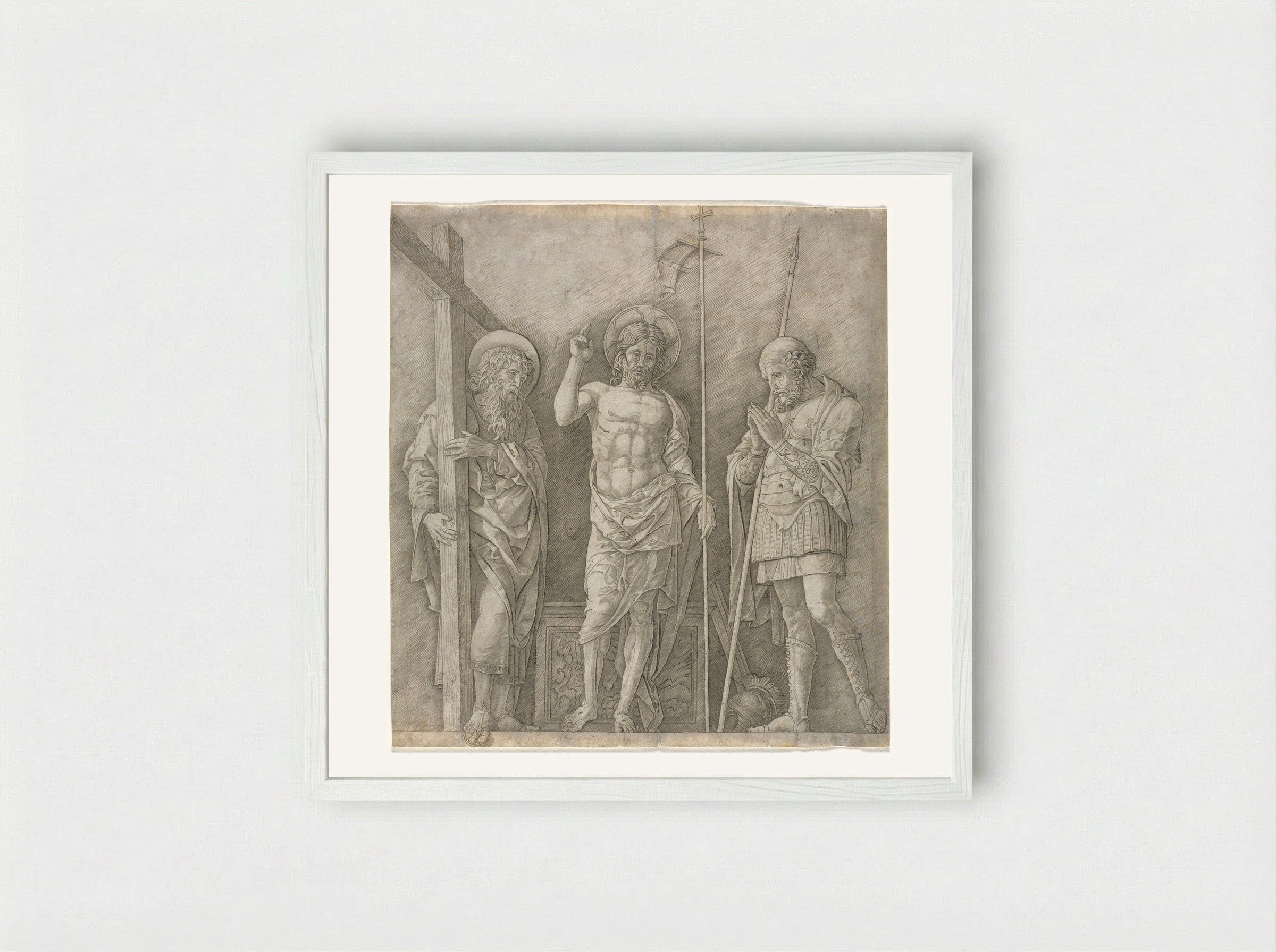 Risen Christ between Saint Andrew and Saint Longinus - Andrea Mantegna - Framed Print White