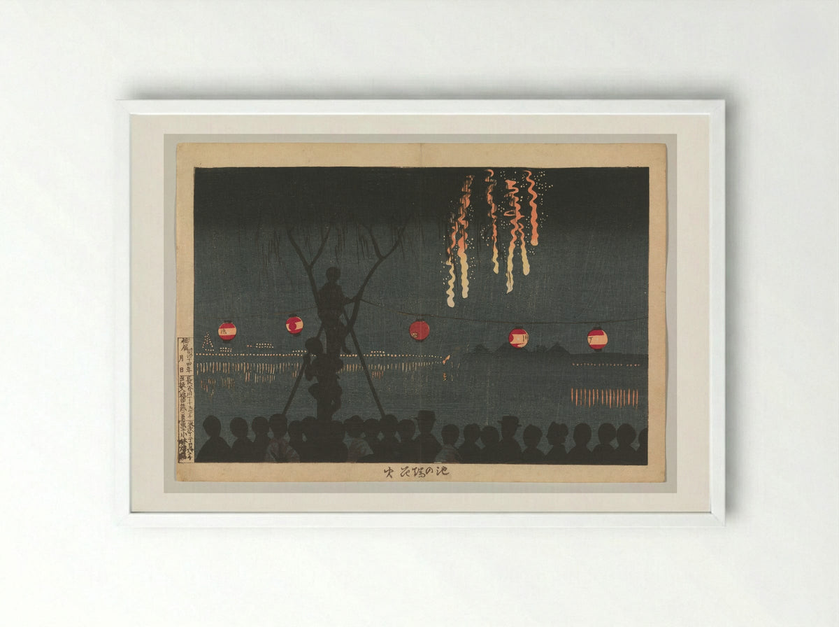 Fireworks at Ikenohata - Kobayashi Kiyochika - Framed Print White