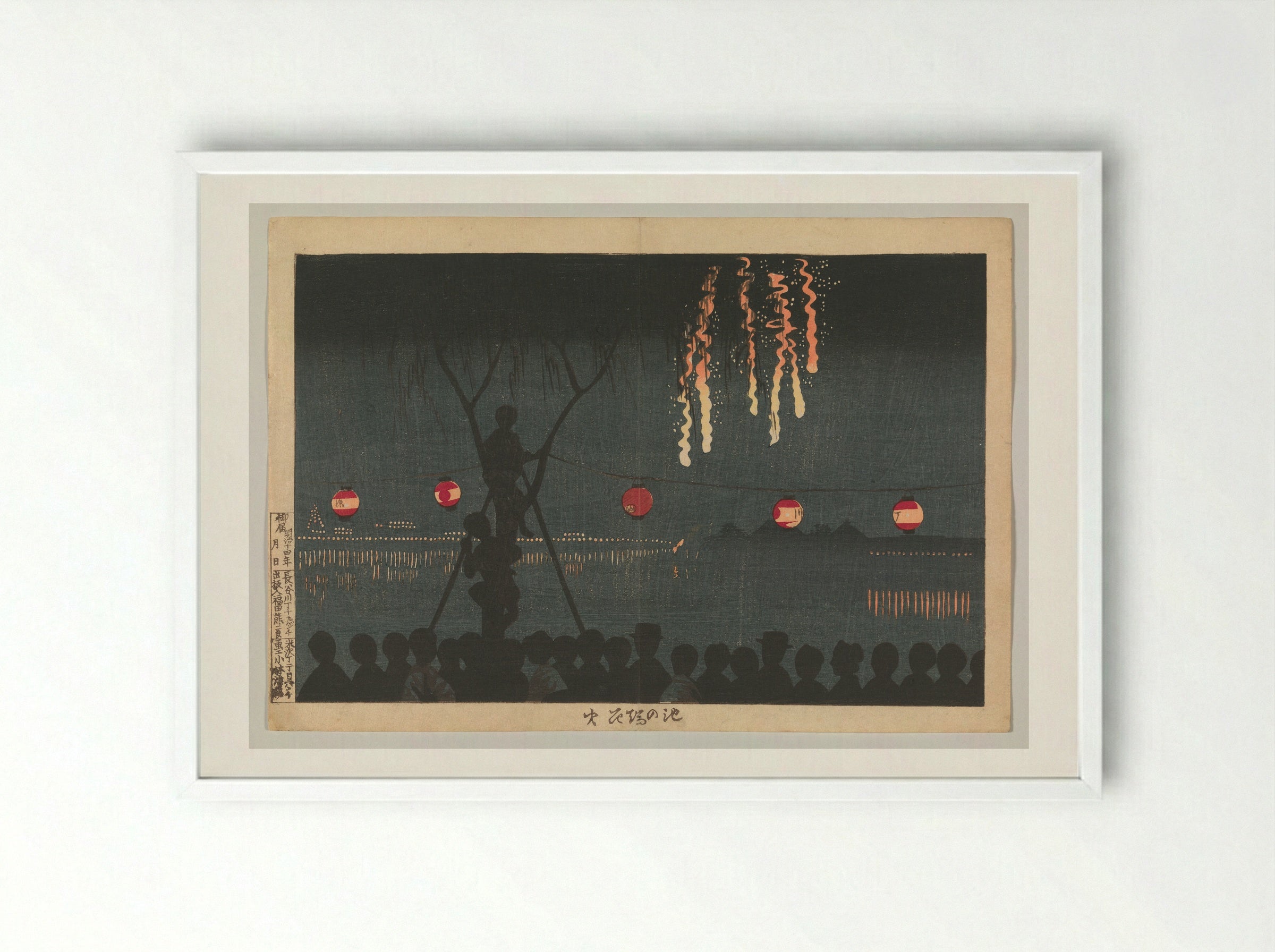 Fireworks at Ikenohata - Kobayashi Kiyochika - Framed Print White
