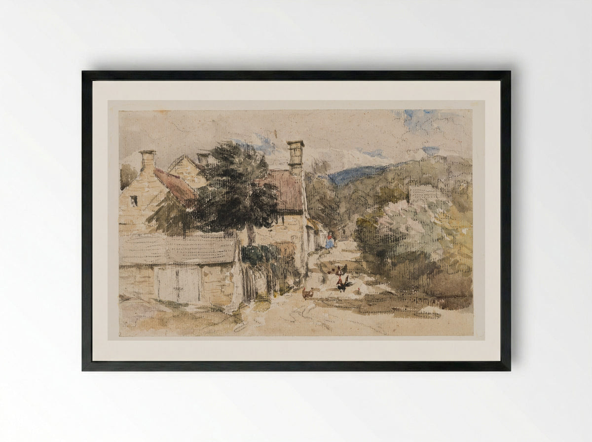 A Village Street in Wales - David Cox - Framed Print Black