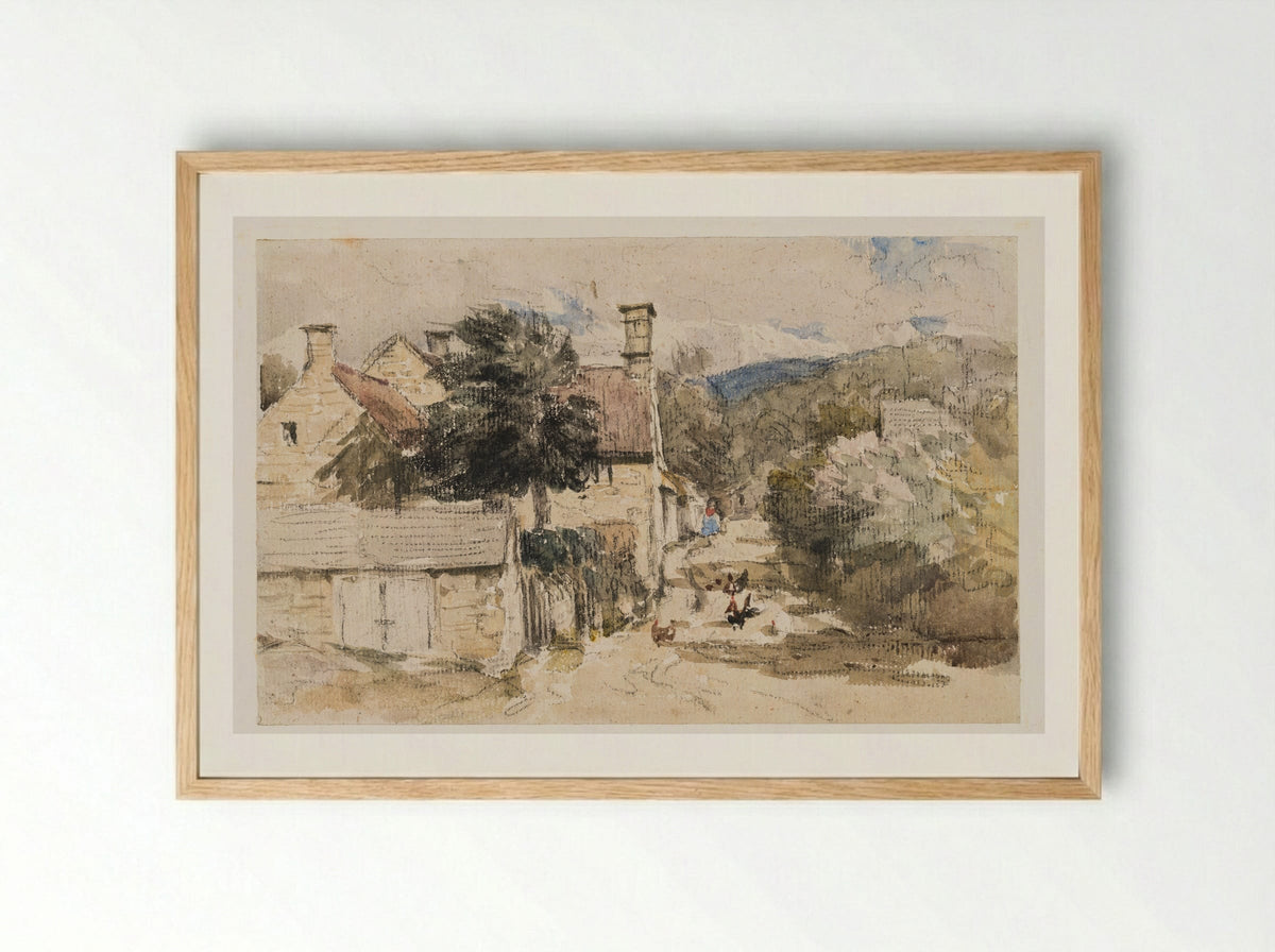 A Village Street in Wales - David Cox - Framed Print Wood