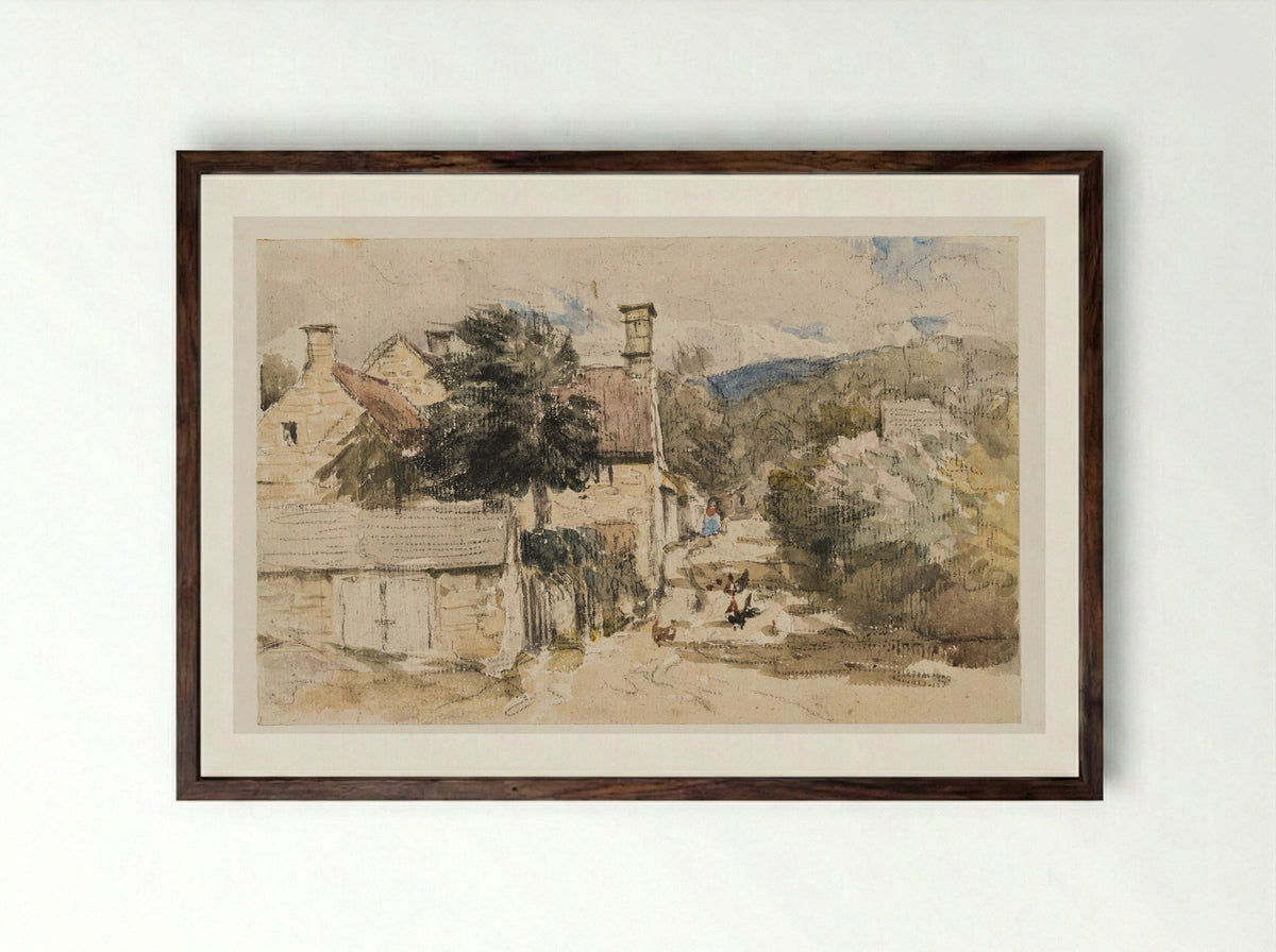 A Village Street in Wales - David Cox - Framed Print Dark Wood