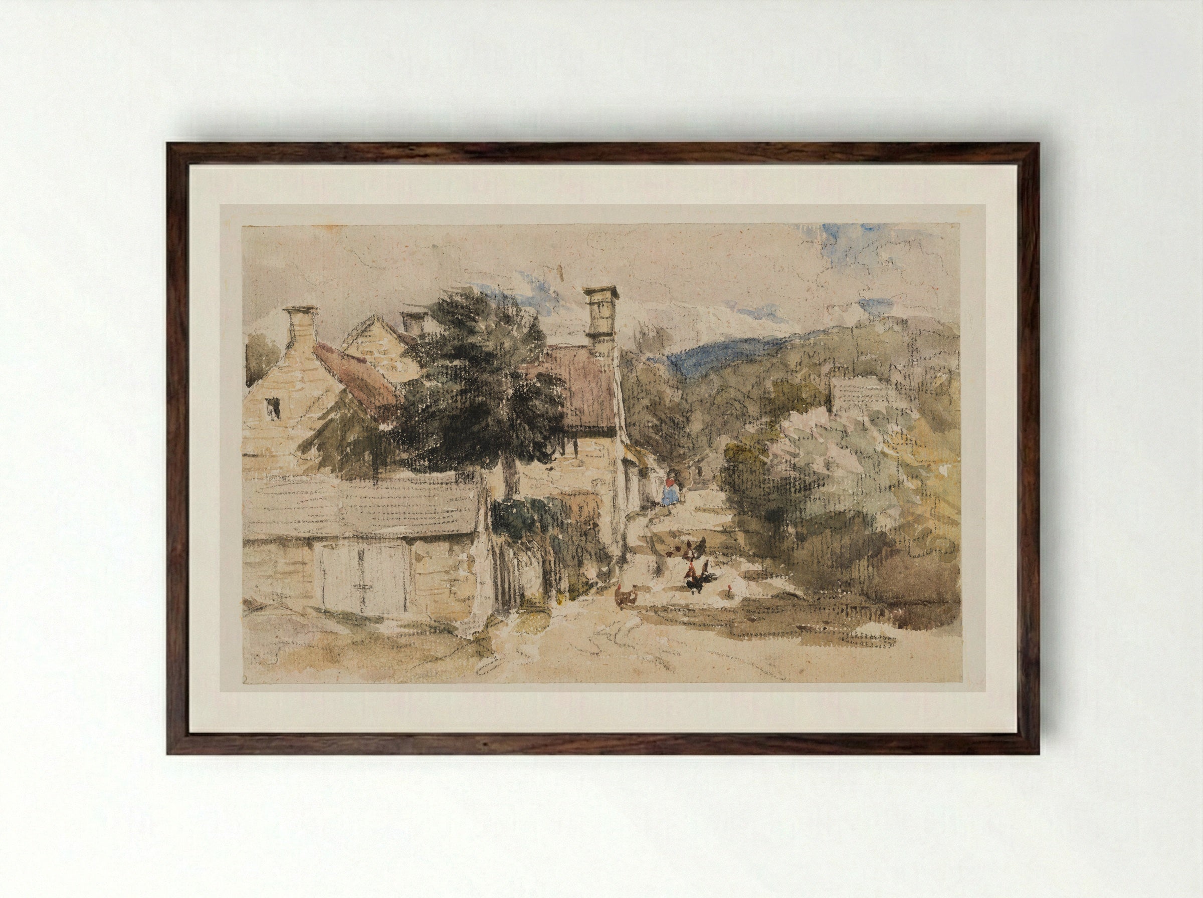 A Village Street in Wales - David Cox - Framed Print Dark Wood