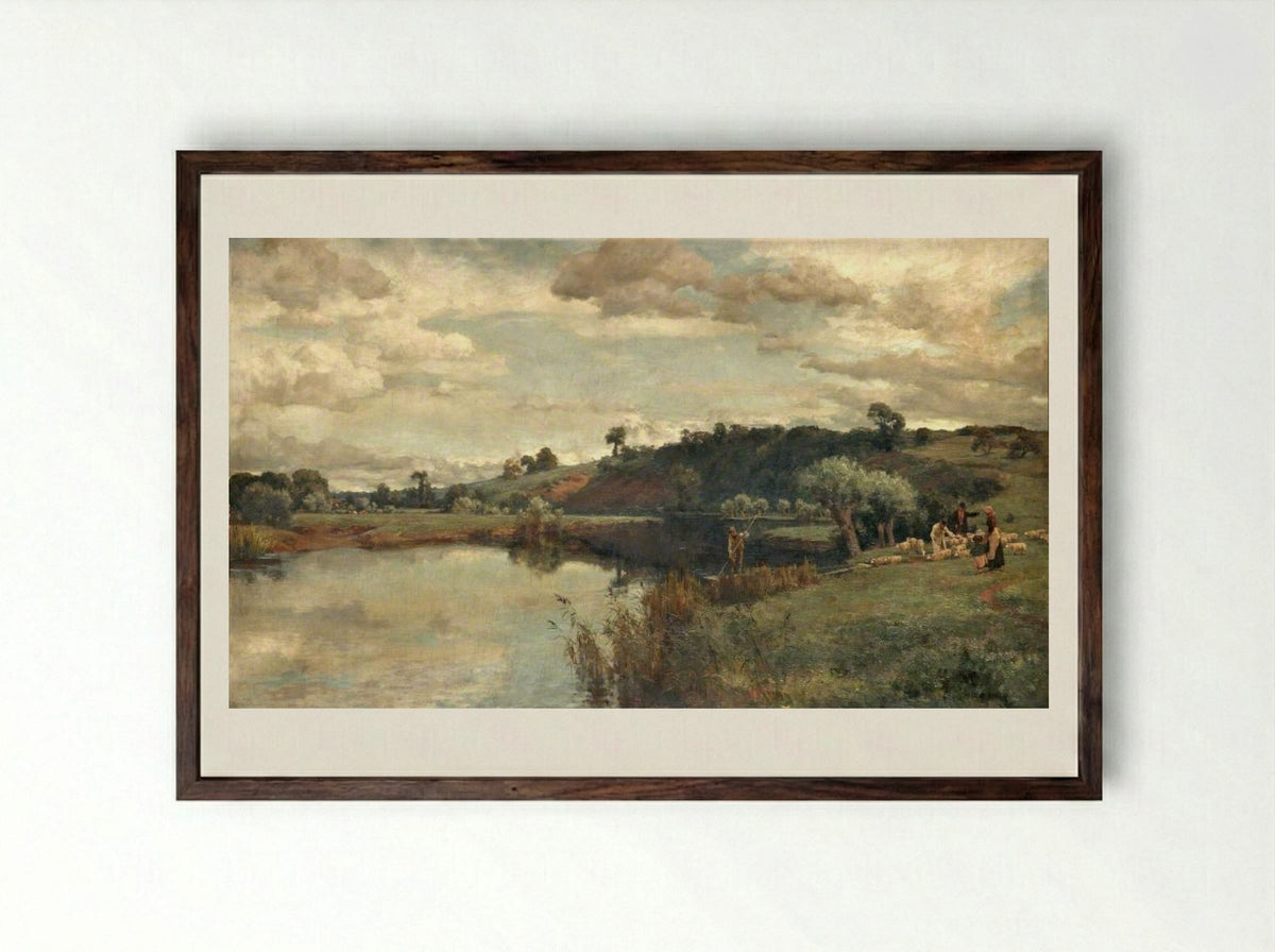 River Scene with a Shepherd and Sheep by a Ferry - Alfred Parsons - Framed Print Dark Wood