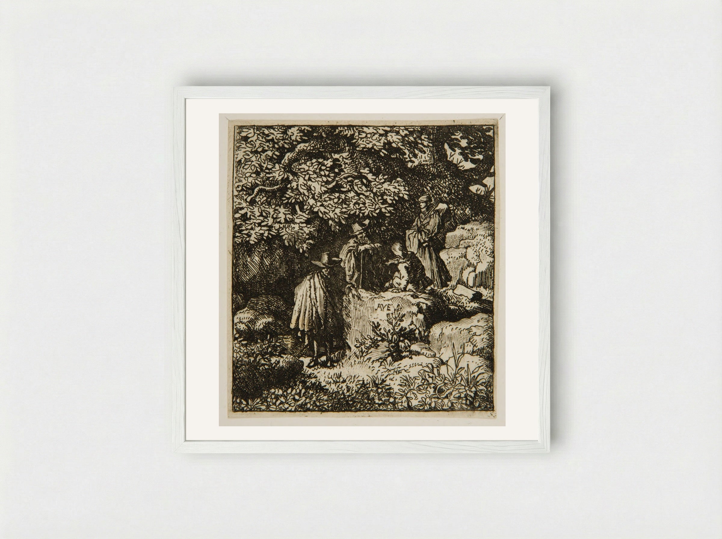 Four Figures under a Tree - Allart van Everdingen - Framed Print White