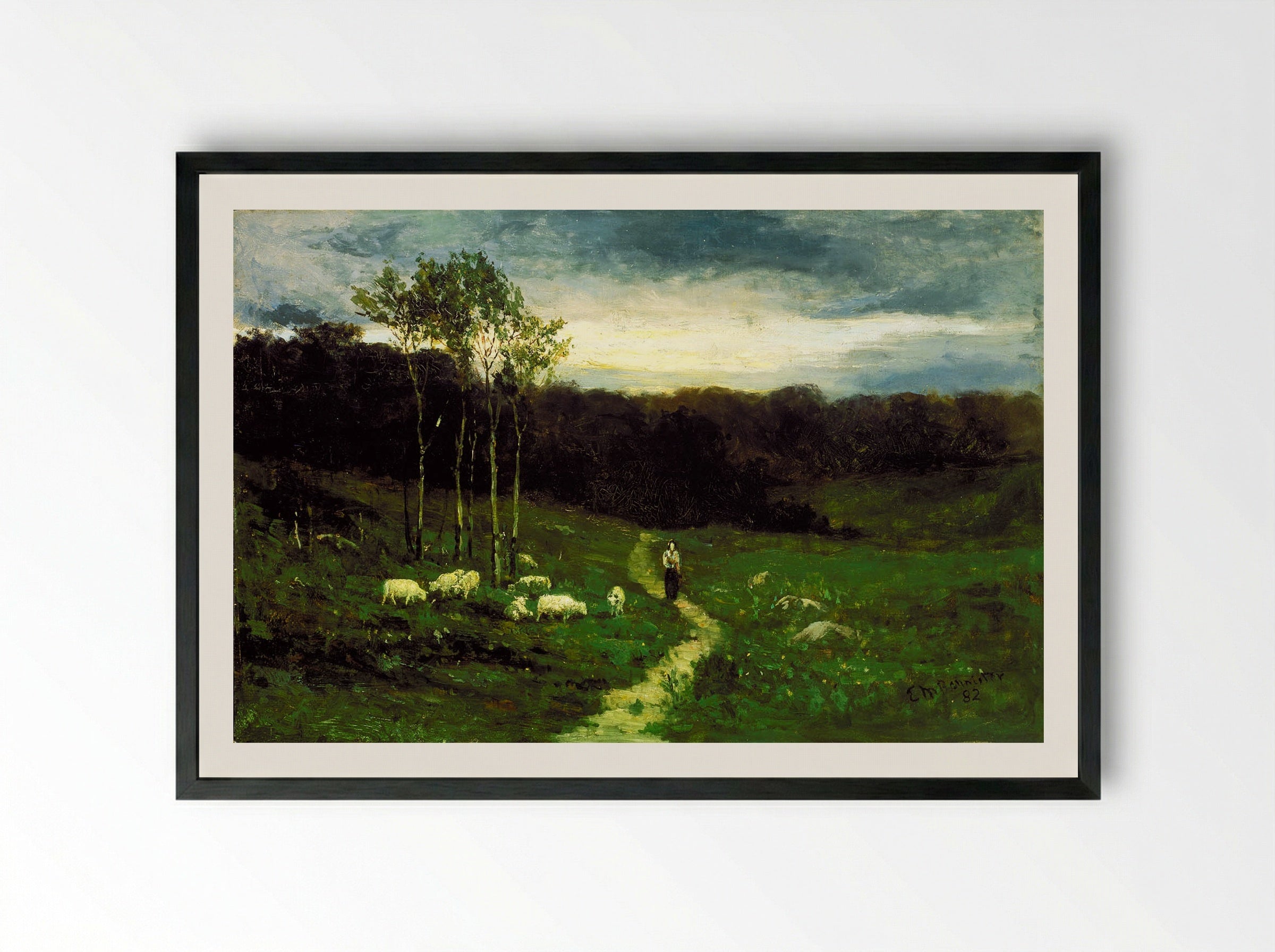 Landscape with Woman Walking on Path - Edward Mitchell Bannister - Framed Print Black
