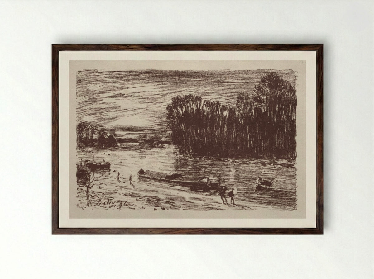 On the Banks of the Loing - Alfred Sisley - Framed Print Dark Wood