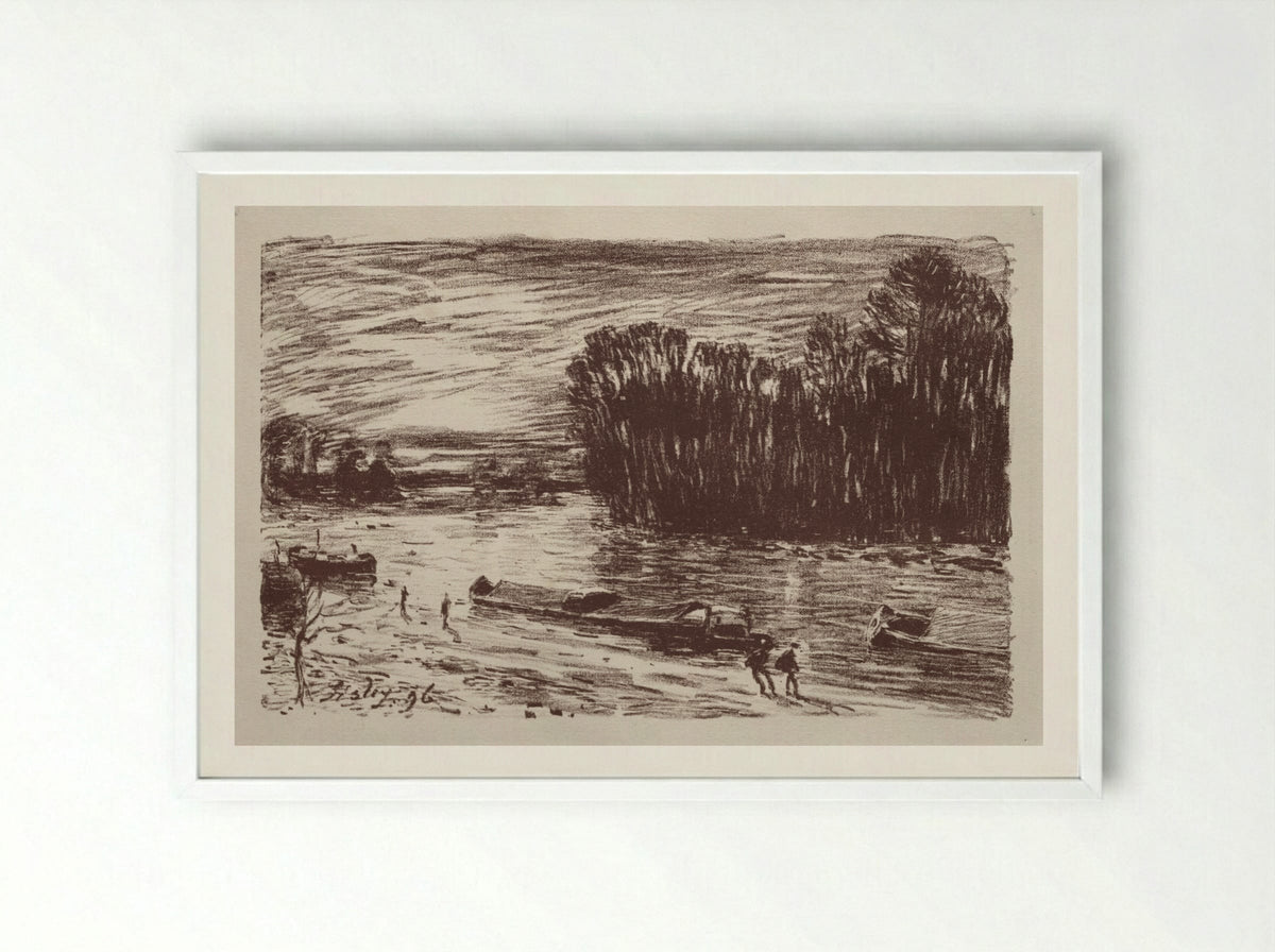 On the Banks of the Loing - Alfred Sisley - Framed Print White