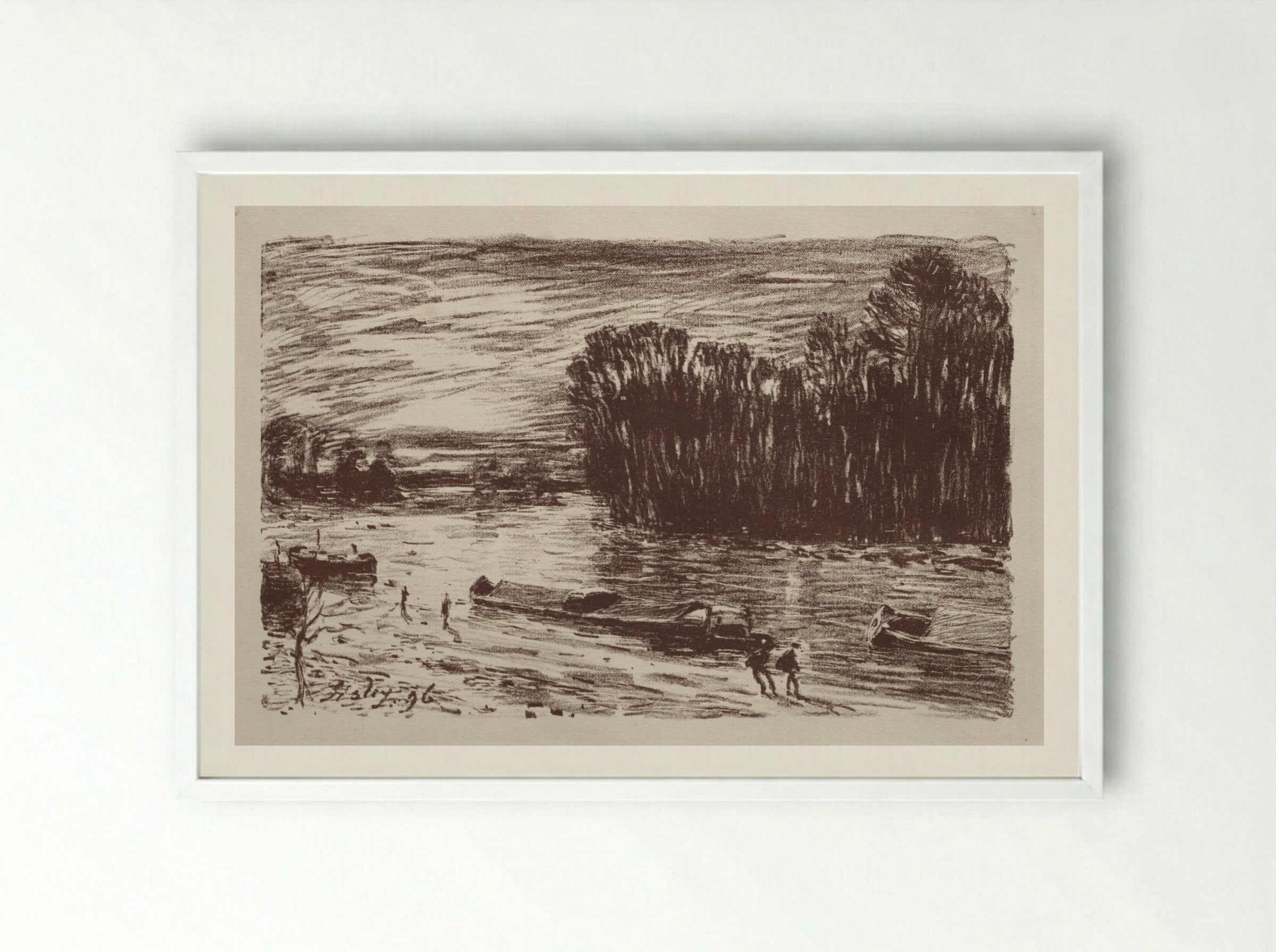 On the Banks of the Loing - Alfred Sisley - Framed Print White