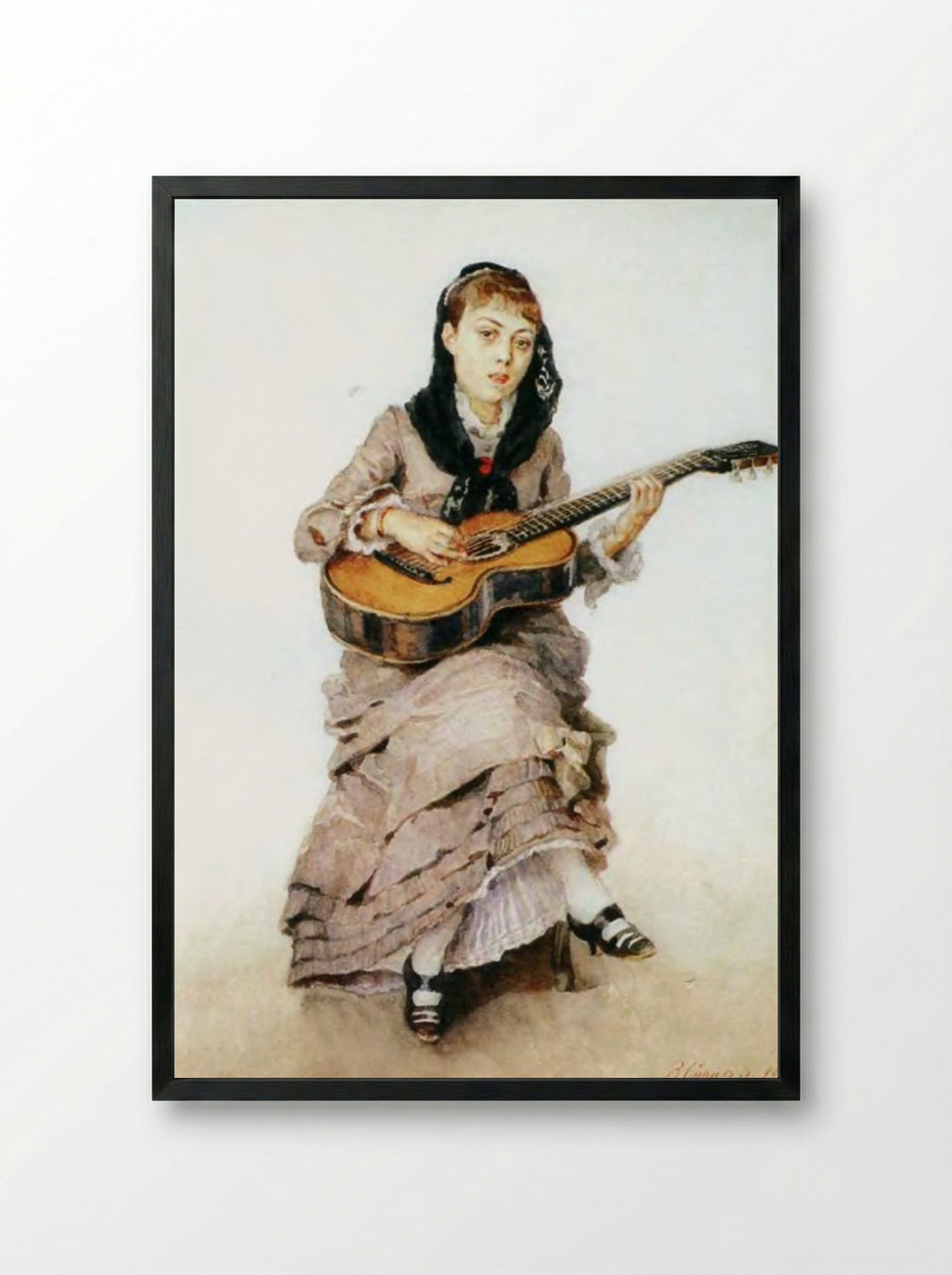 Portrait of Princess S. A. Kropotkina with Guitar - Vasily Surikov - Framed Print Black