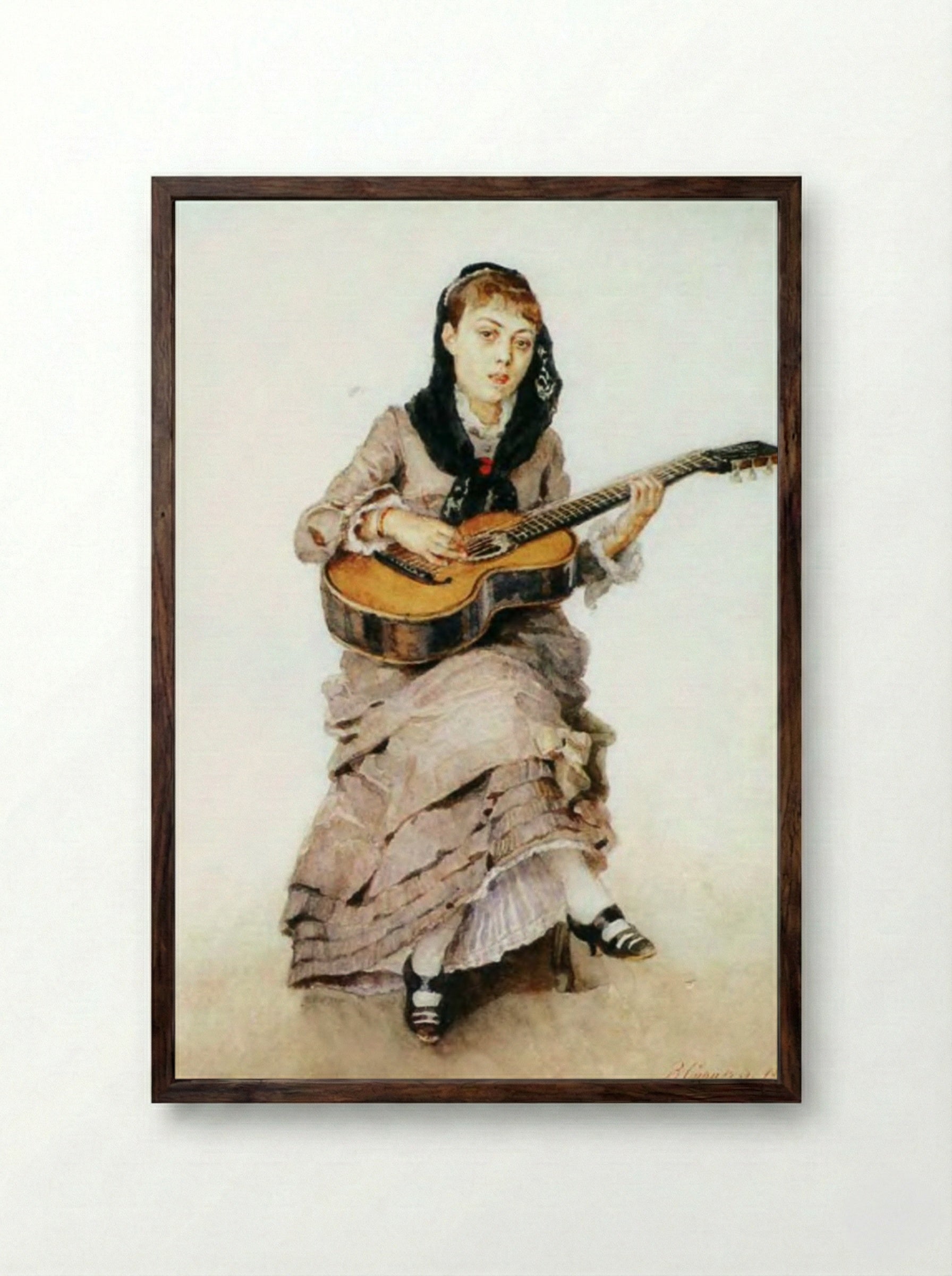 Portrait of Princess S. A. Kropotkina with Guitar - Vasily Surikov - Framed Print Dark Wood