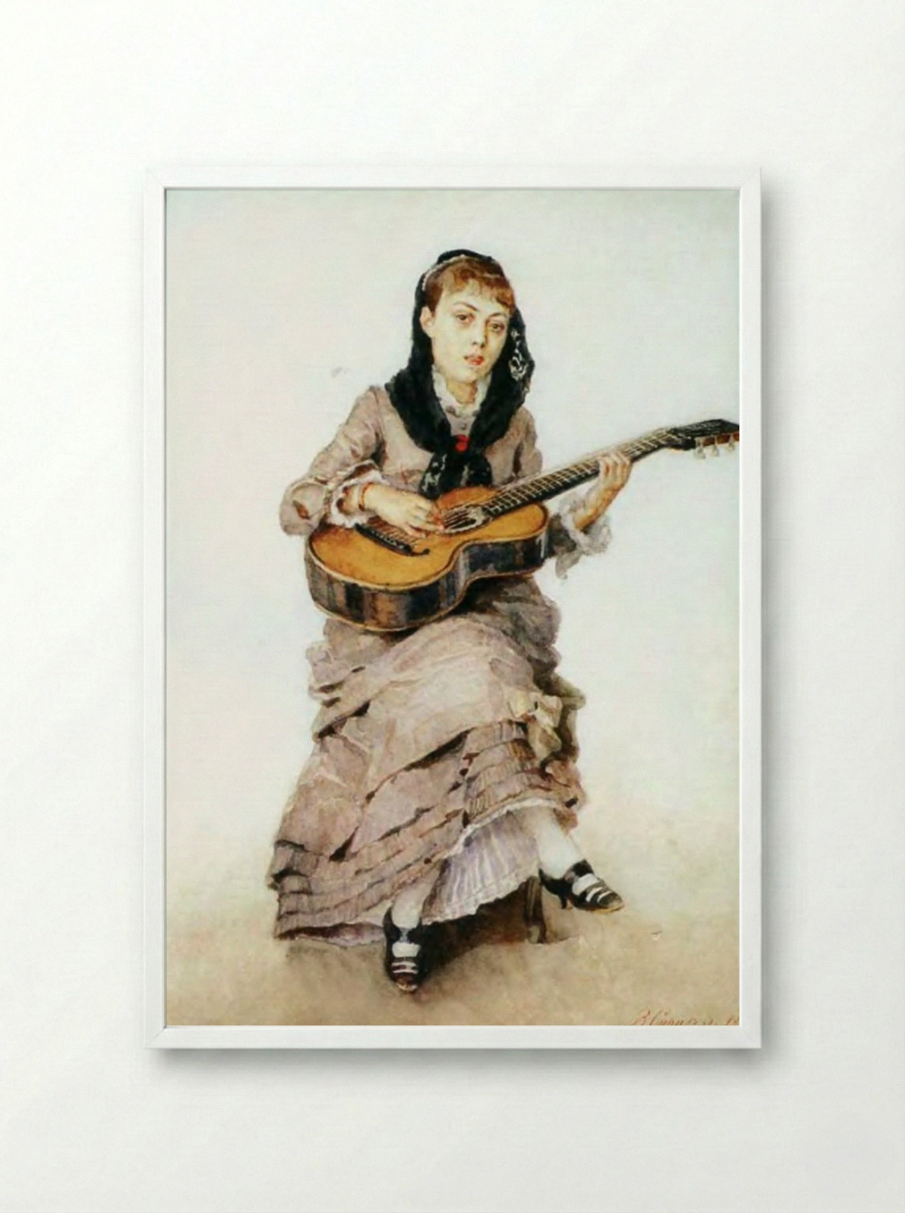 Portrait of Princess S. A. Kropotkina with Guitar - Vasily Surikov - Framed Print White