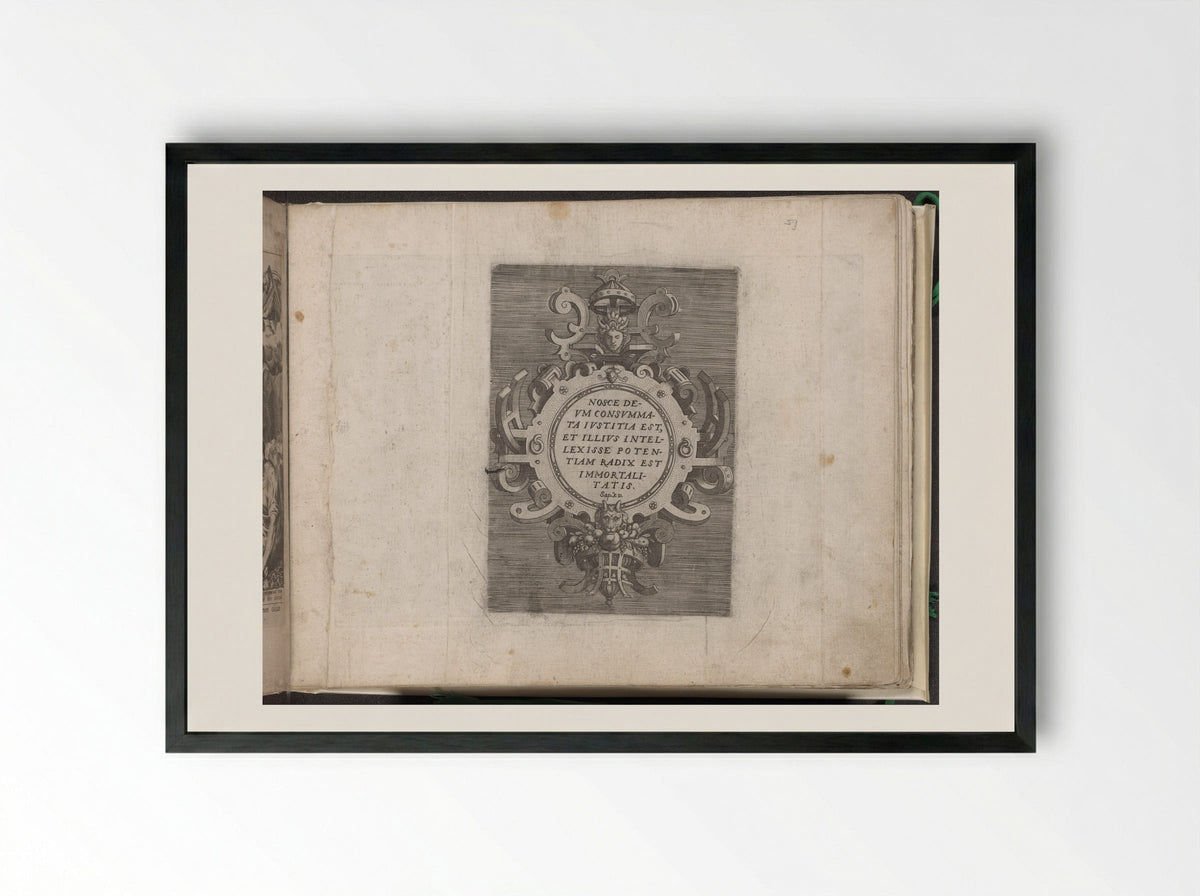 Cartouche with Text from the Book of Wisdom - Gerard de Jode - Framed Print Black