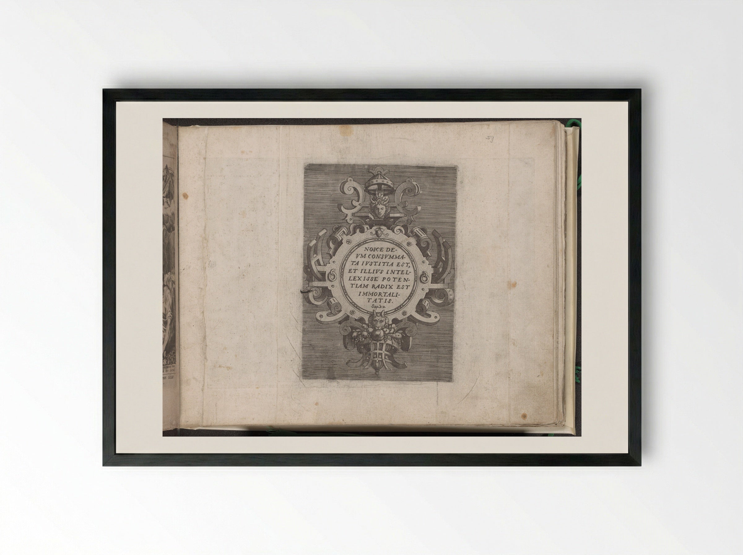 Cartouche with Text from the Book of Wisdom - Gerard de Jode - Framed Print Black