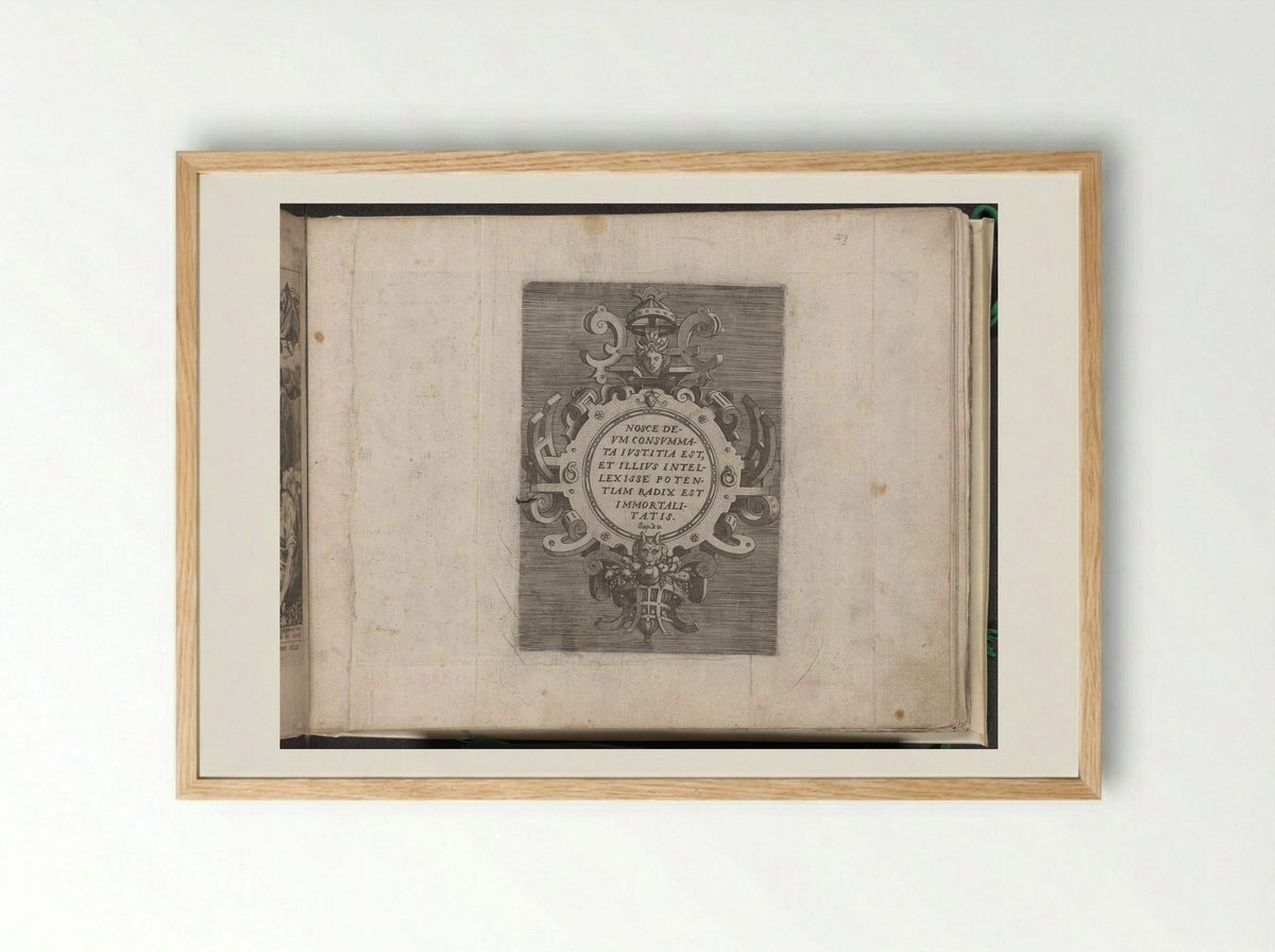 Cartouche with Text from the Book of Wisdom - Gerard de Jode - Framed Print Wood