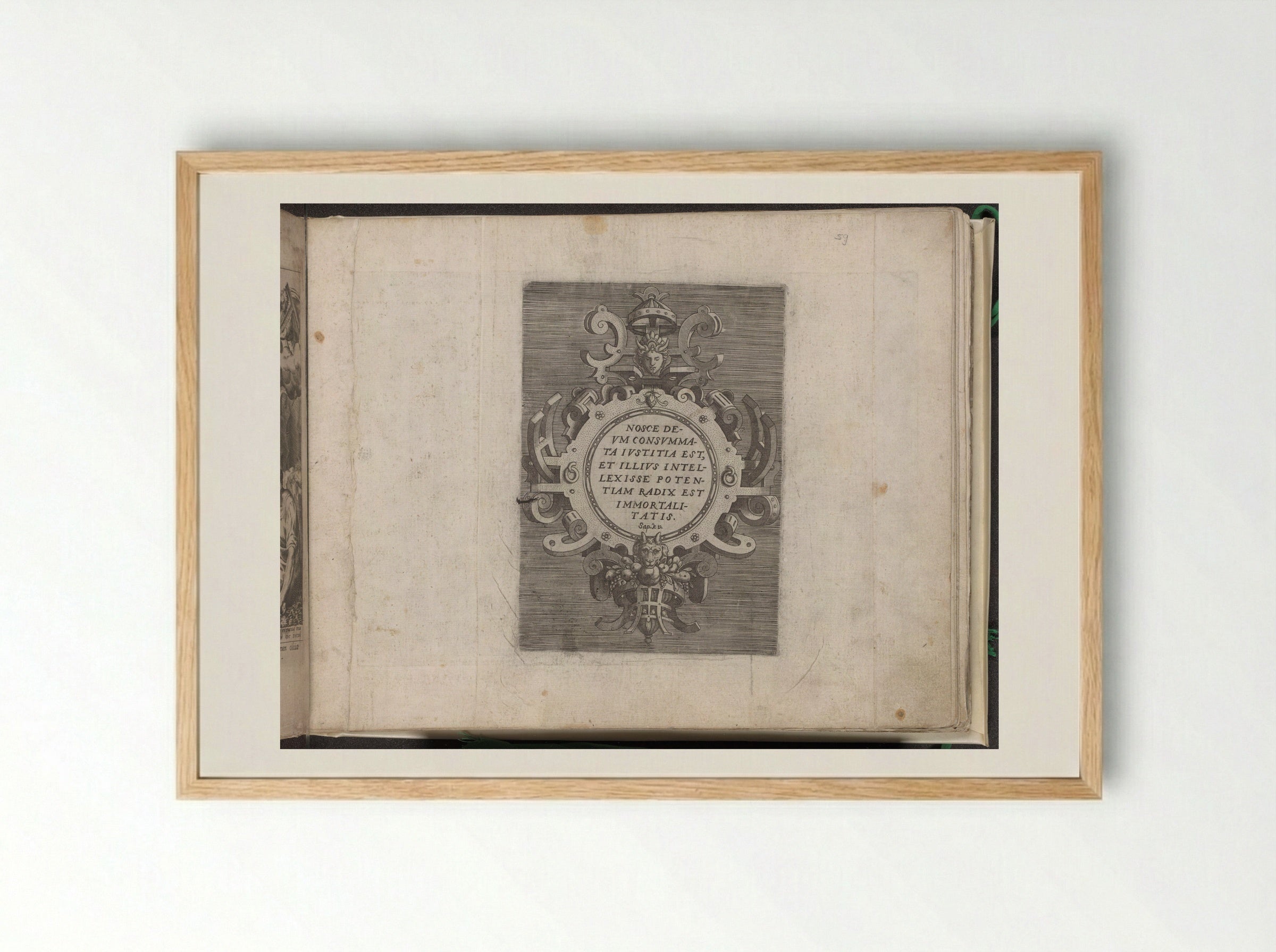 Cartouche with Text from the Book of Wisdom - Gerard de Jode - Framed Print Wood