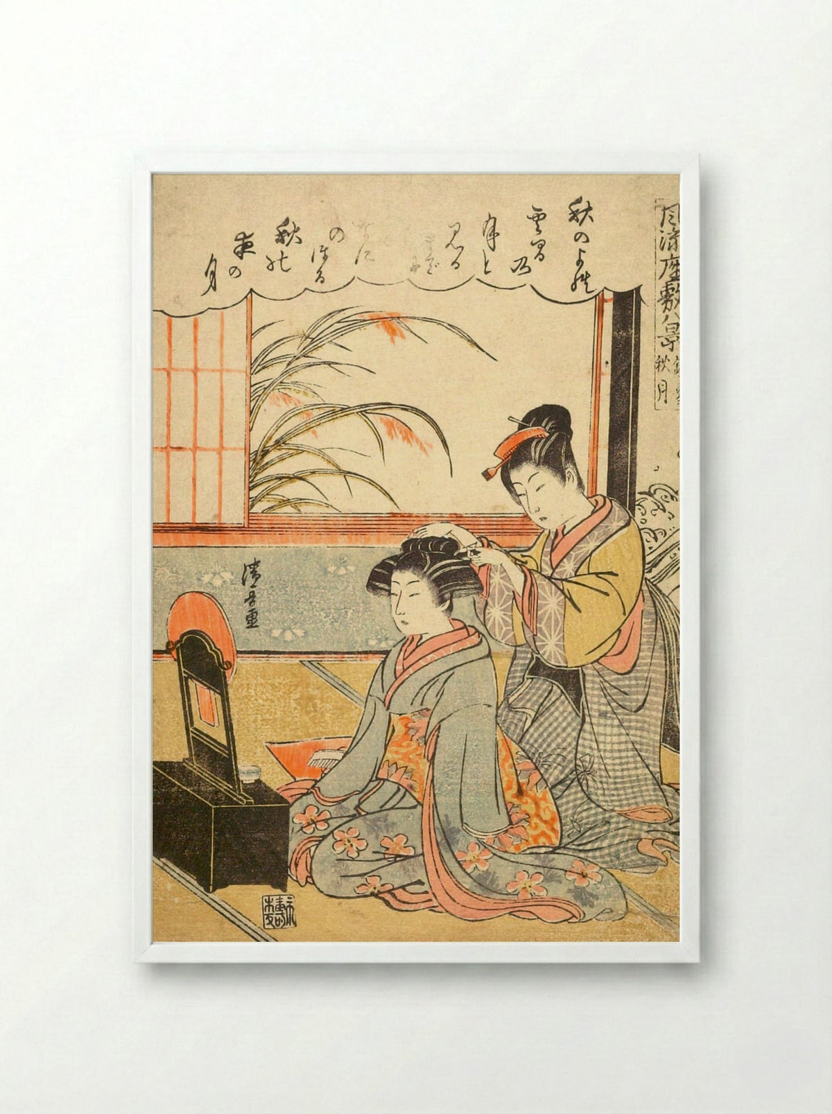 Autumn Moon in the Mirror Stand - Torii Kiyonaga - Framed Print White