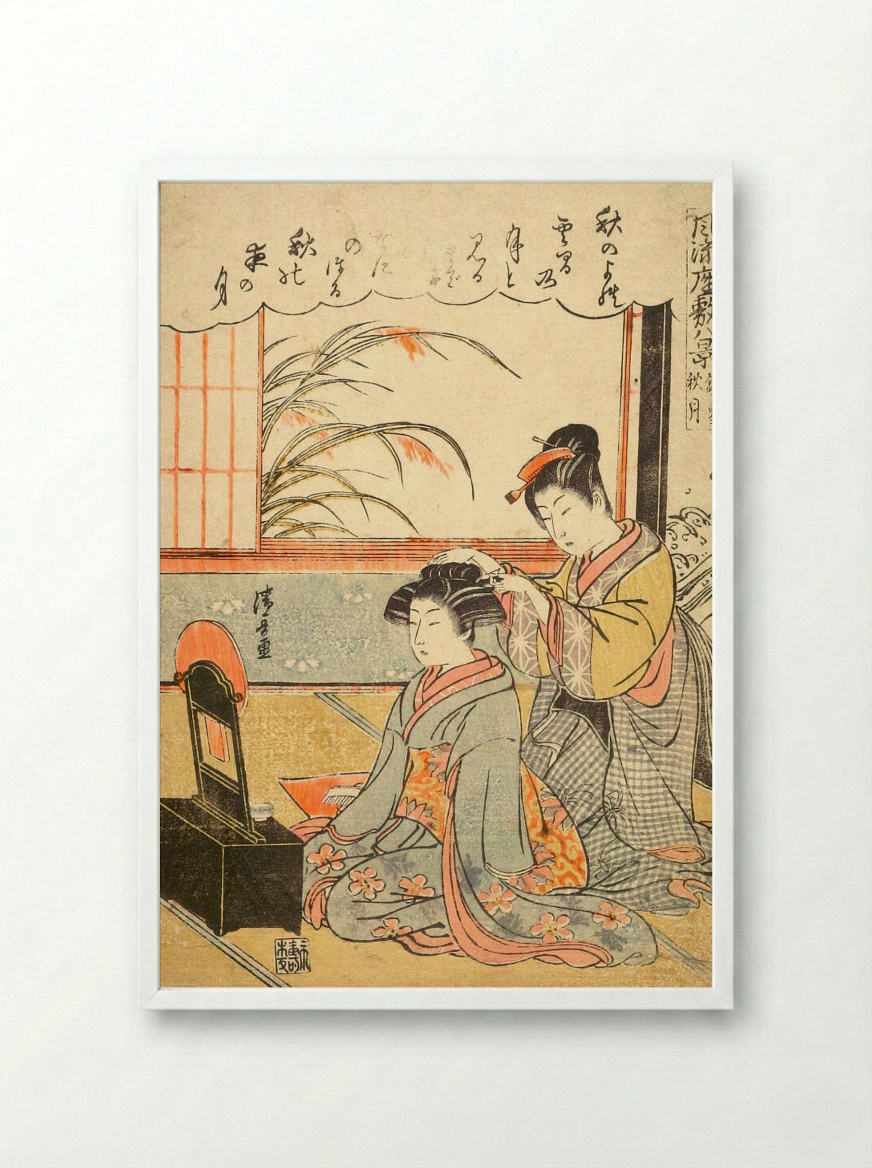 Autumn Moon in the Mirror Stand - Torii Kiyonaga - Framed Print White