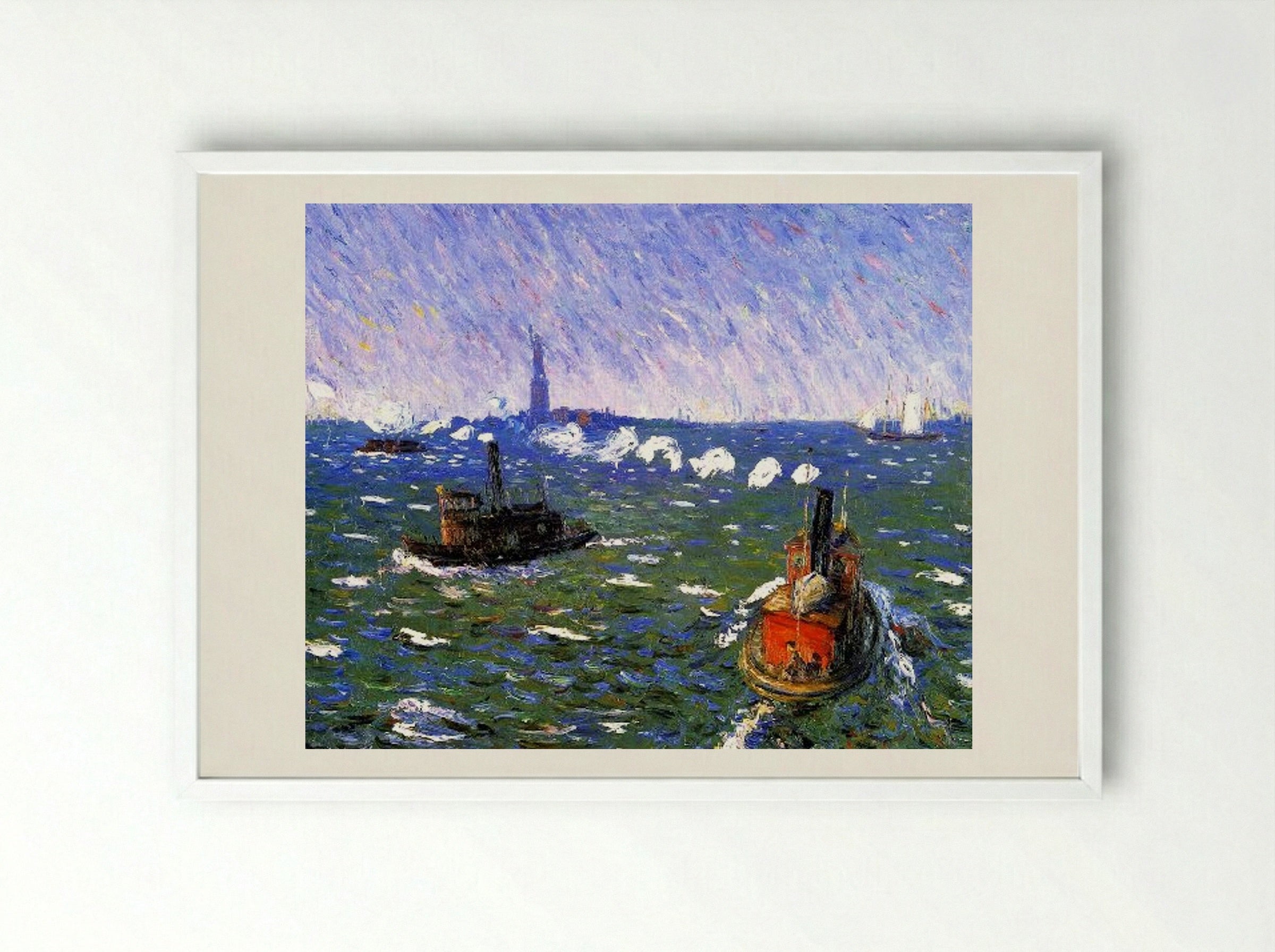Breezy Day, Tugboats, New York Harbor - William James Glackens - Framed Print White