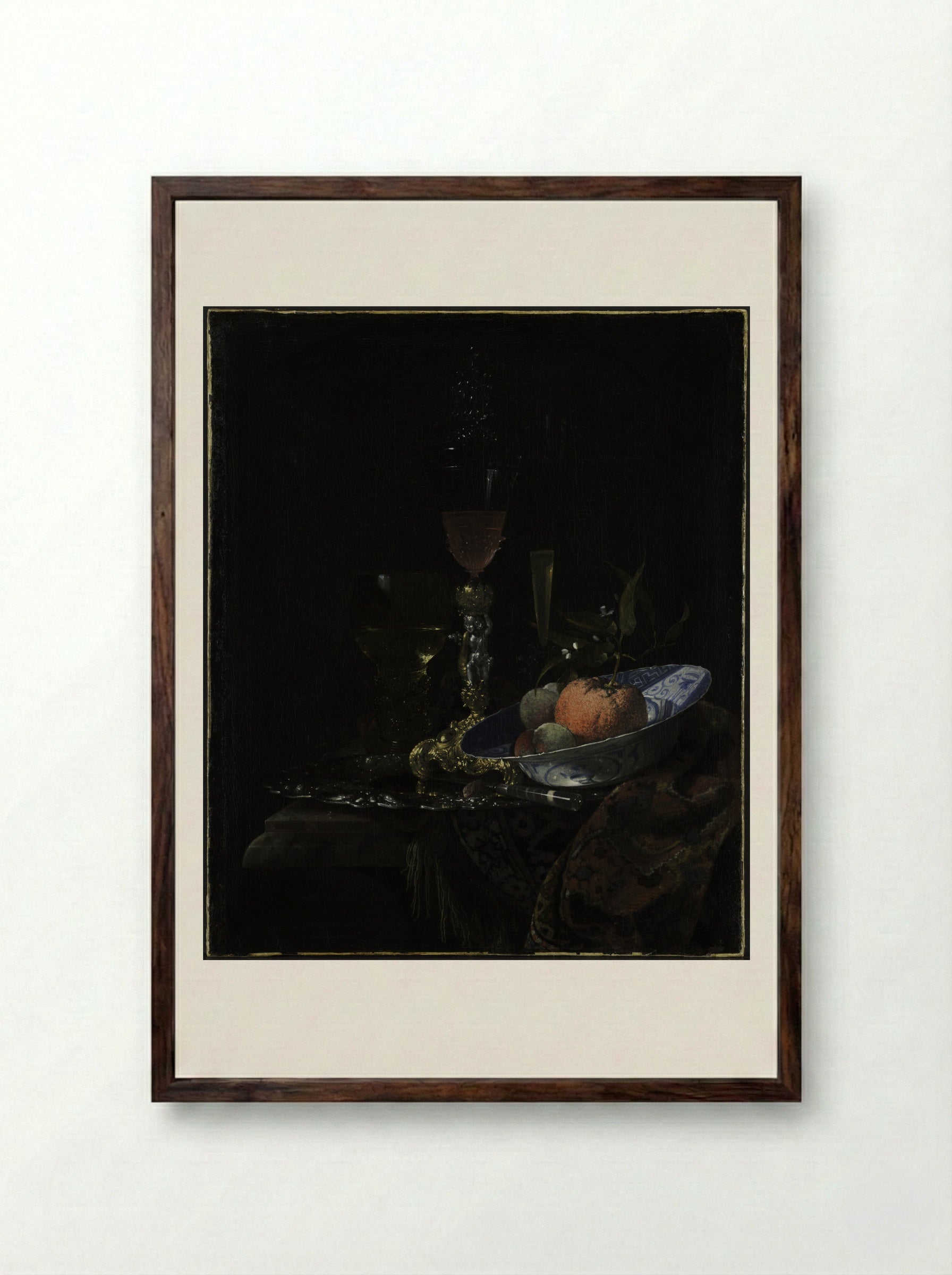 Still-Life with Chinese Porcelain Bowl - Willem Kalf - Framed Print Dark Wood