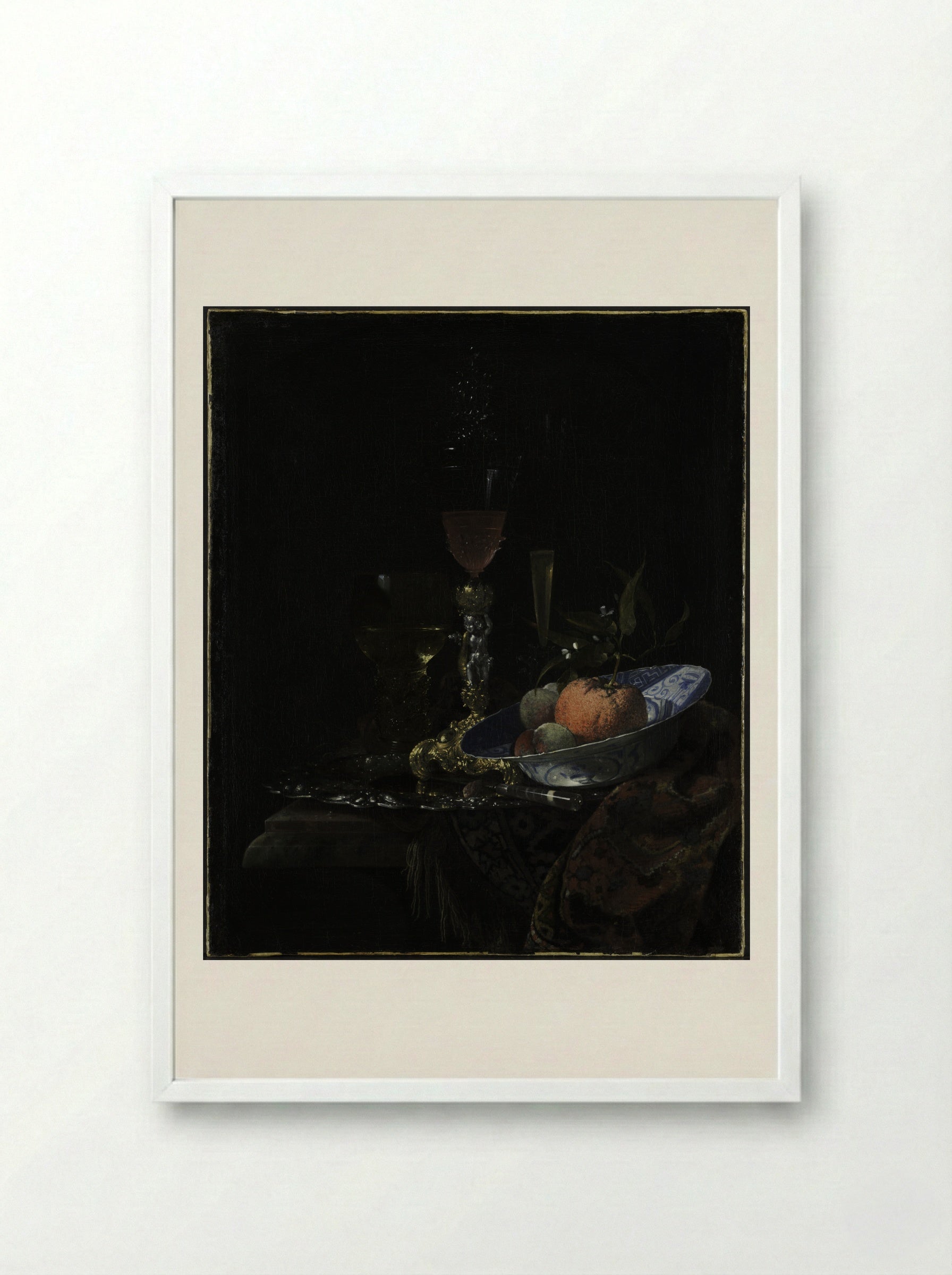 Still-Life with Chinese Porcelain Bowl - Willem Kalf - Framed Print White