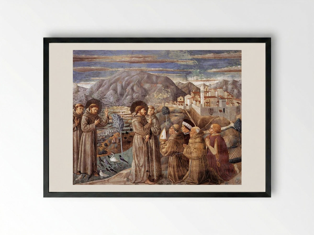 Preaching to the Birds and Blessing Montefalco - Benozzo Gozzoli - Framed Print Black