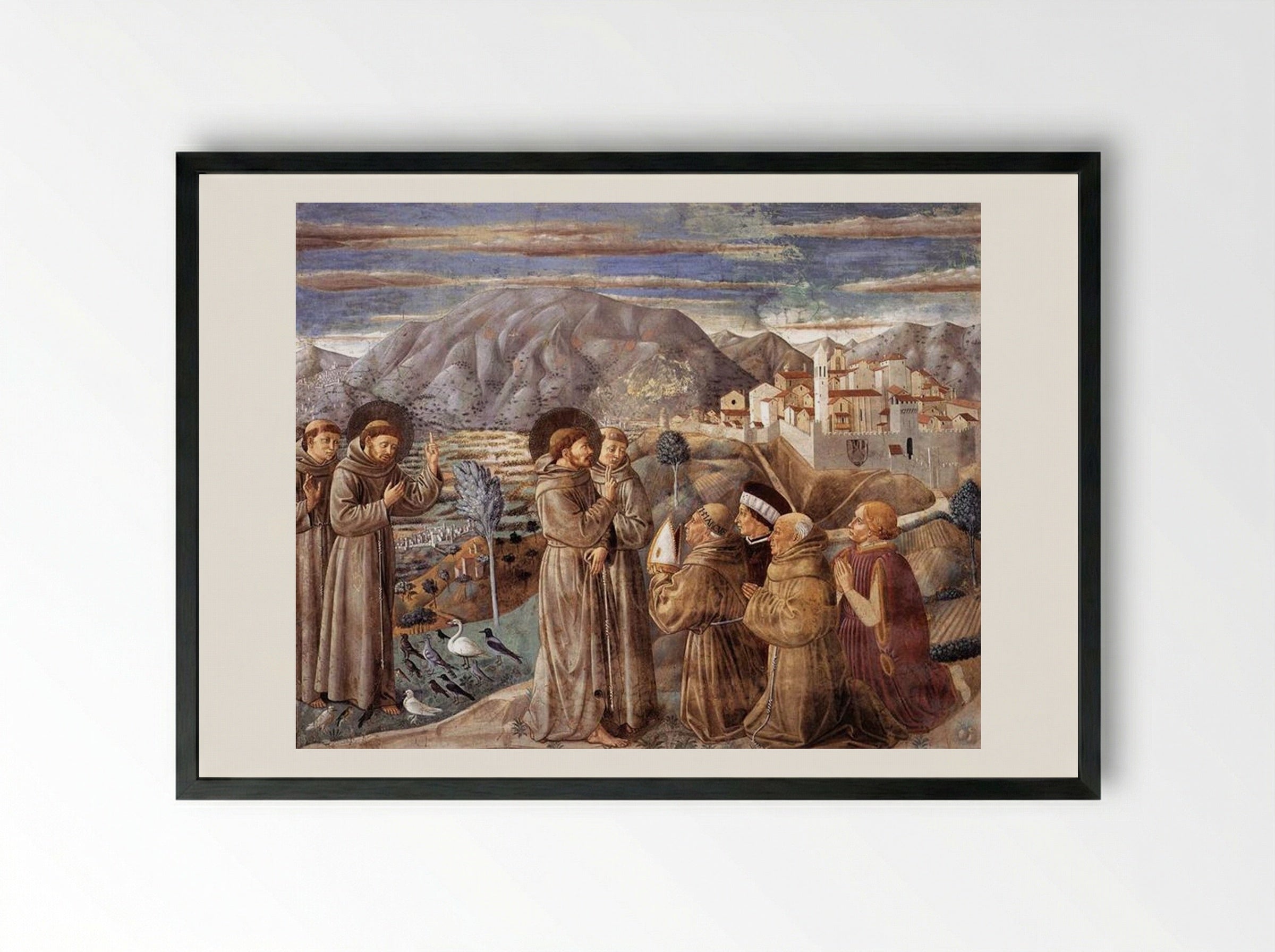 Preaching to the Birds and Blessing Montefalco - Benozzo Gozzoli - Framed Print Black