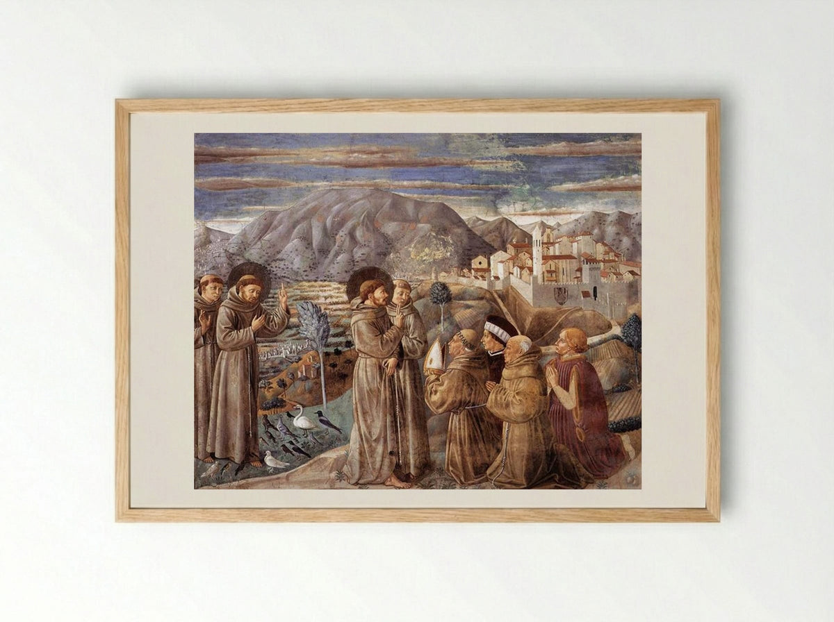 Preaching to the Birds and Blessing Montefalco - Benozzo Gozzoli - Framed Print Wood