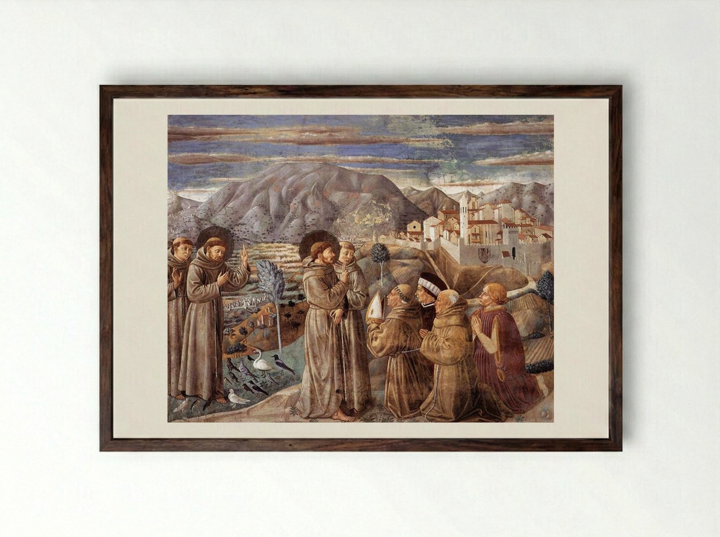 Preaching to the Birds and Blessing Montefalco - Benozzo Gozzoli - Framed Print Dark Wood