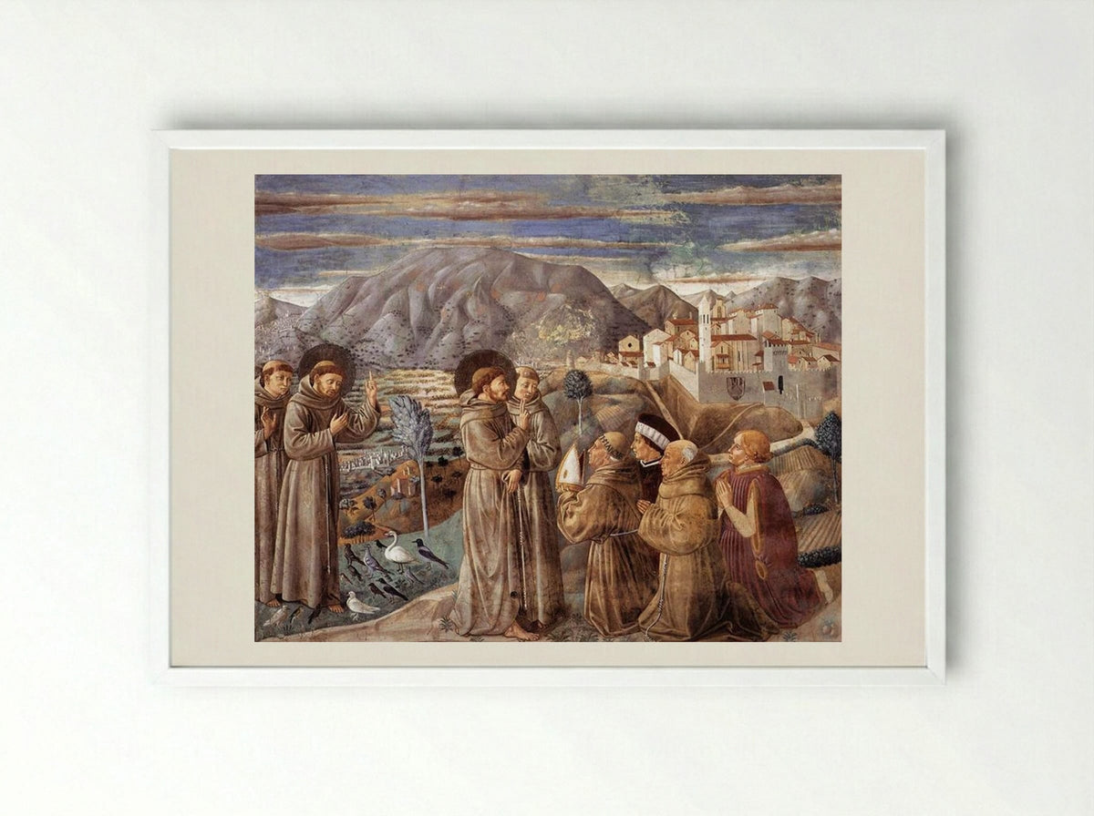 Preaching to the Birds and Blessing Montefalco - Benozzo Gozzoli - Framed Print White