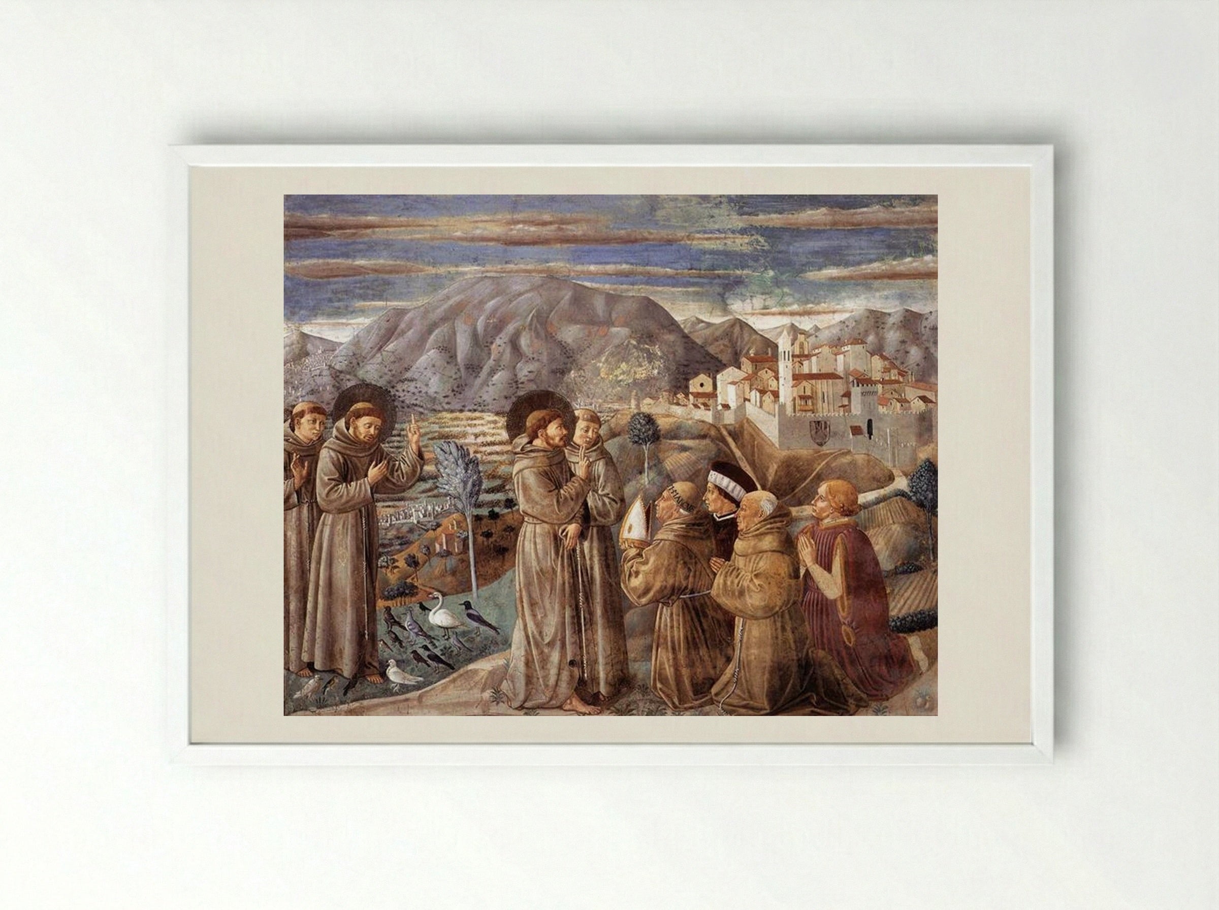 Preaching to the Birds and Blessing Montefalco - Benozzo Gozzoli - Framed Print White