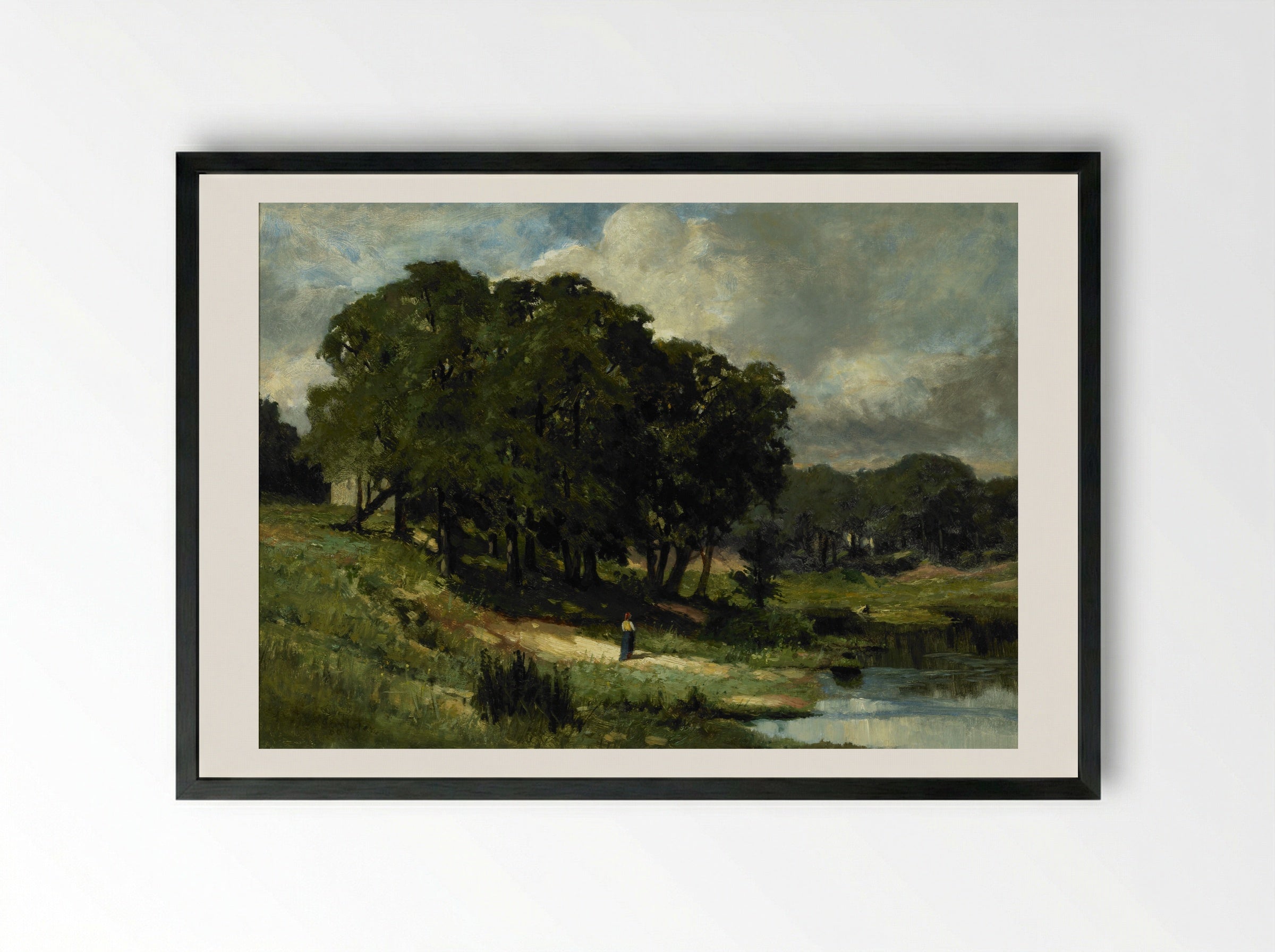 Woman Standing Near a Pond - Edward Mitchell Bannister - Framed Print Black