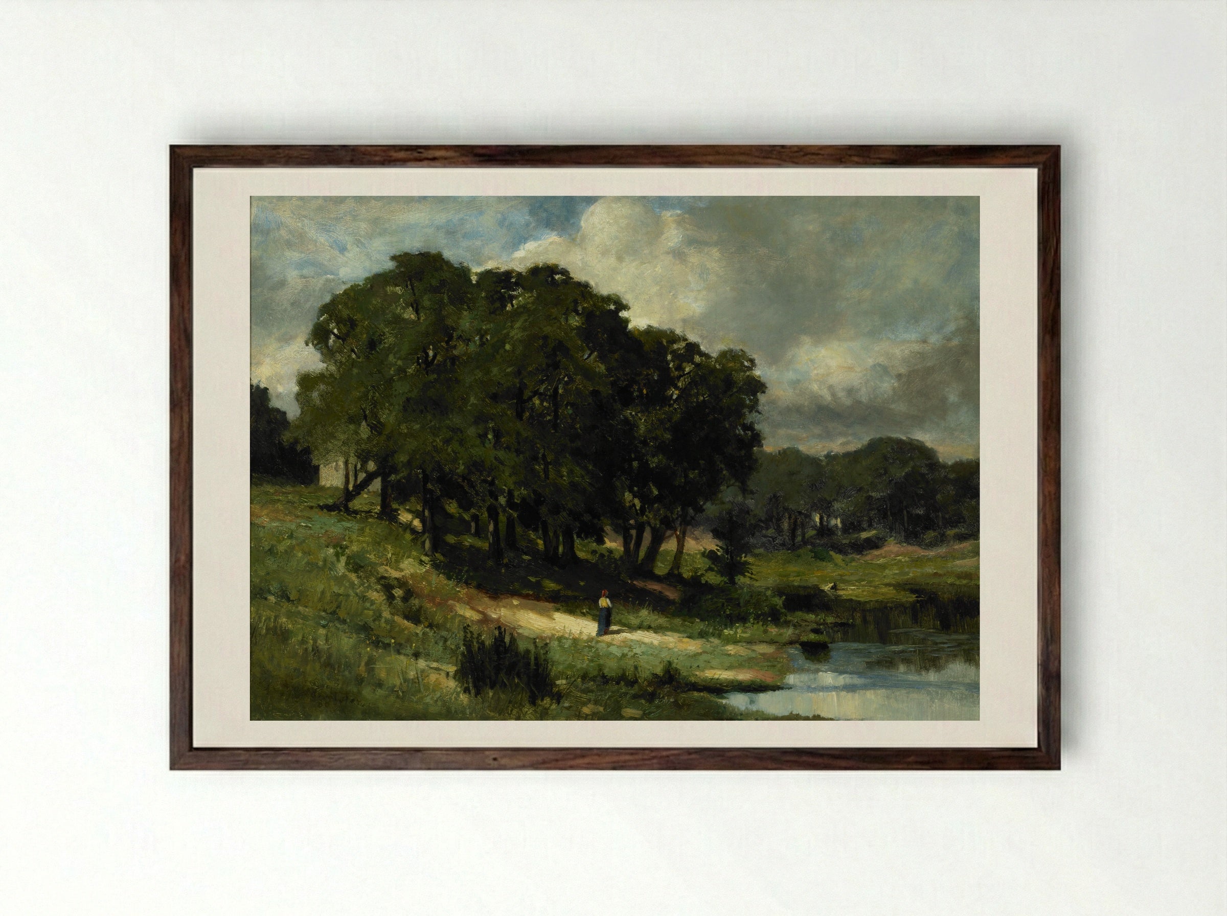 Woman Standing Near a Pond - Edward Mitchell Bannister - Framed Print Dark Wood
