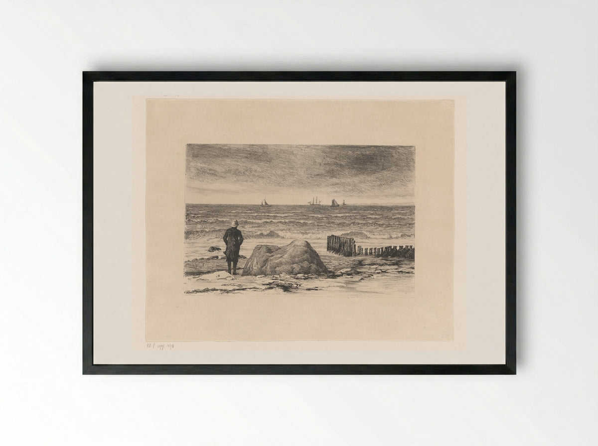 Kustwachter, uitkijkend over woelig water - Carl Bloch - Framed Print Black