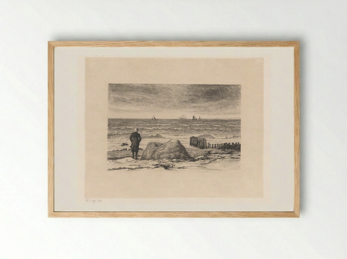 Kustwachter, uitkijkend over woelig water - Carl Bloch - Framed Print Wood