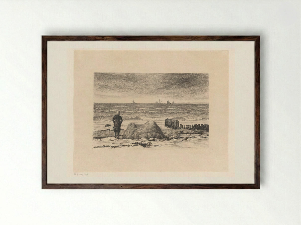 Kustwachter, uitkijkend over woelig water - Carl Bloch - Framed Print Dark Wood