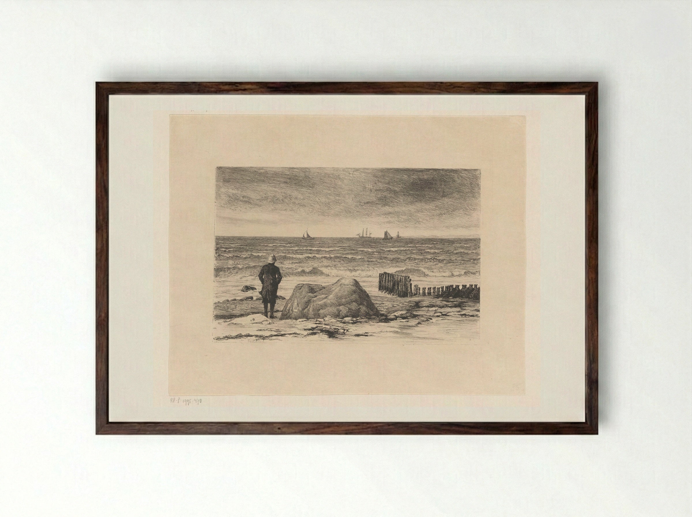 Kustwachter, uitkijkend over woelig water - Carl Bloch - Framed Print Dark Wood